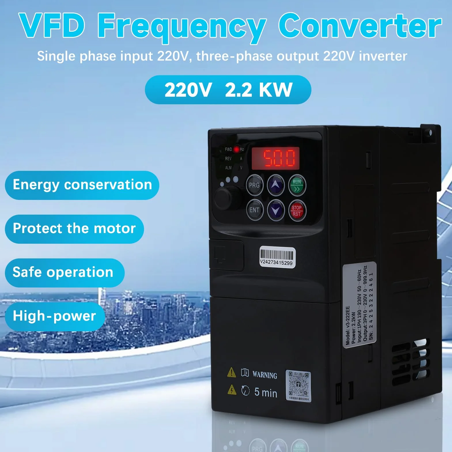2.2KW Frequenzumrichter 230V Einphasiger 220V-Eingang Dreiphasiger 220V-Ausgang VFD Frequenzumrichter CNC Frequenzumrichter Abnehmbare Schalttafel Modell V3-222EE (mit 1.5m Verlängerungskabel)