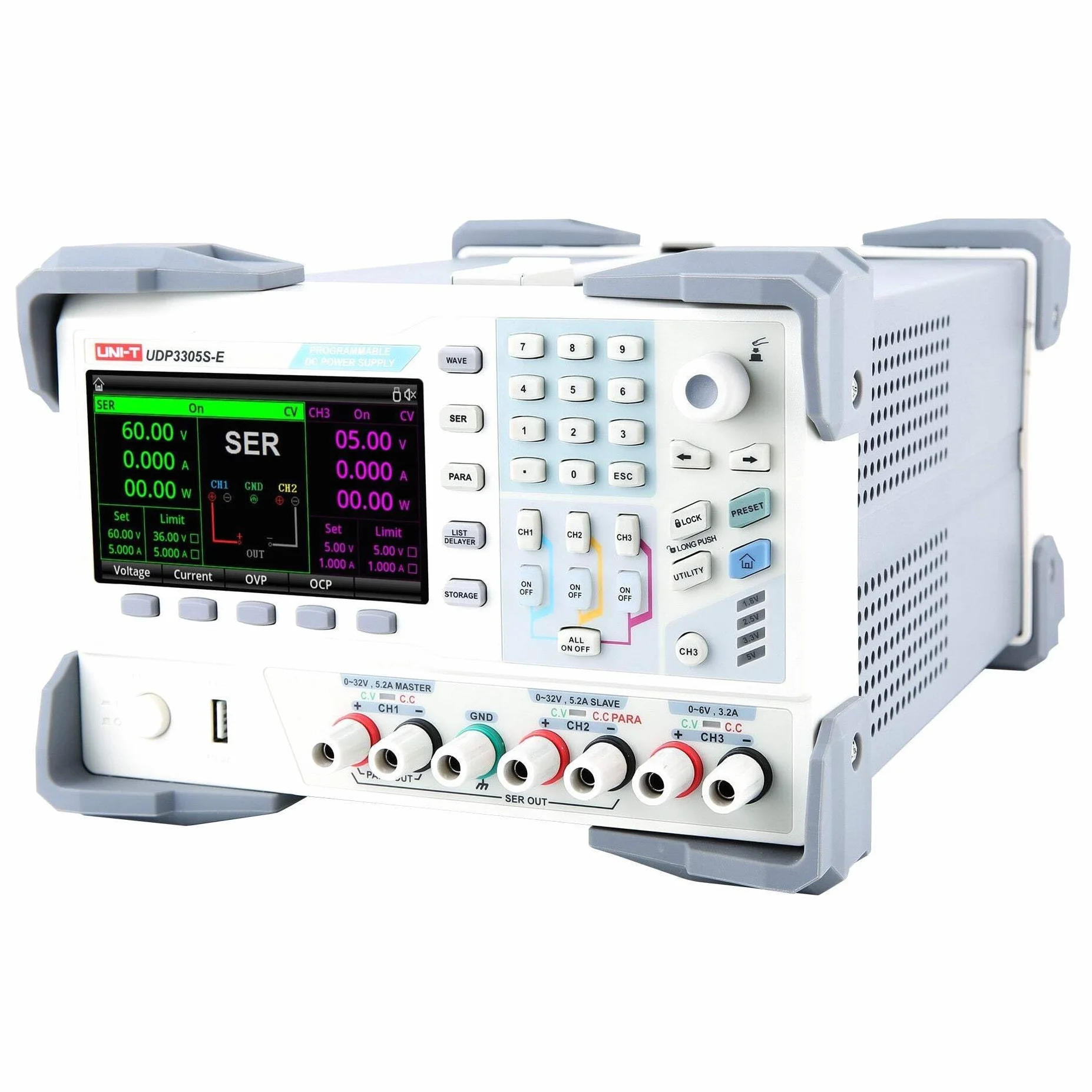 Uni-T UDP3305S-E programmierbares lineares DC Labornetzgerät Labor-Netzteil mit 4 Kanäle, 328W, 10mV,1mA Resolution; Spannung<0.3%+20mV Strom<0.2%+5mA Einstellgenauigkeit