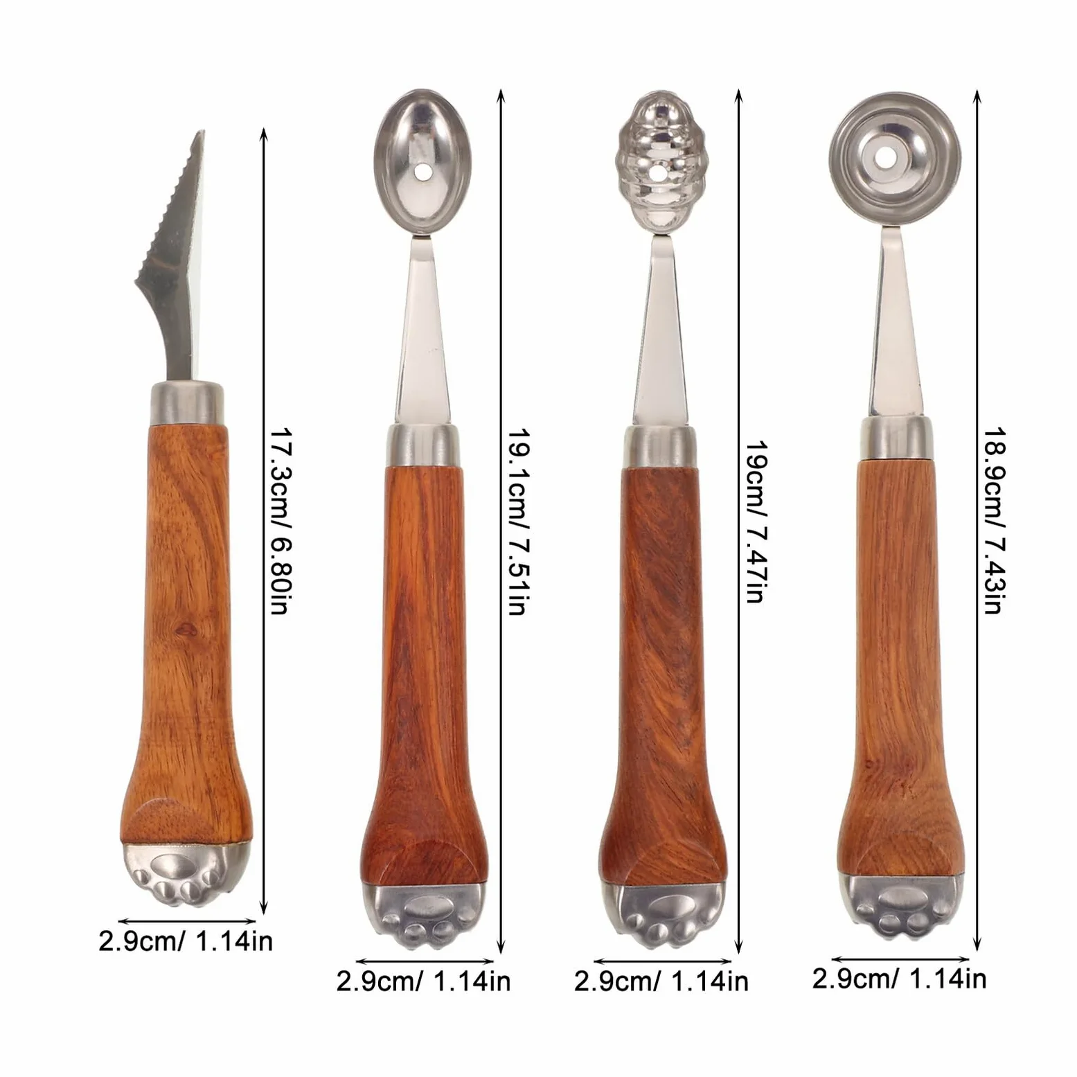 4 Stück Teiliges Melonenkugelausstecher-set aus Edelstahl mit Ergonomischem Holzgriff Melonen Obstkugelausstecher Sowie Gezacktes Fruchtschneidewerkzeug für Eiscreme Dessert und