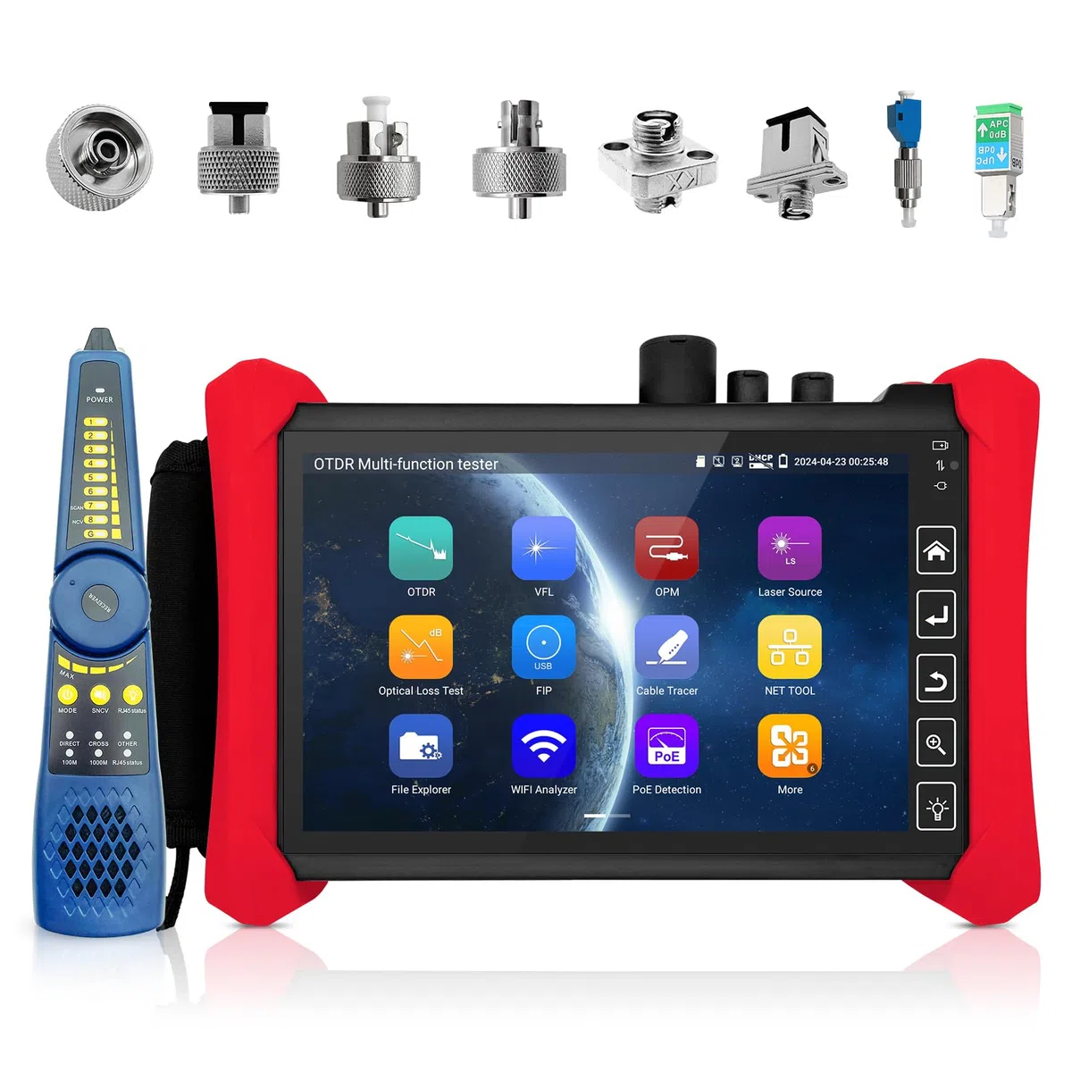 Henkion OTDR-Glasfasermessgerät 8 Zoll IPS-Touchscreen, 1610 nm 32 dB Live Testing, Multifunktionaler Netzwerktester mit Expert Event Map, LS, OPM, VFL, OLS, WiFi und RJ45 Kabeltest Network Tools