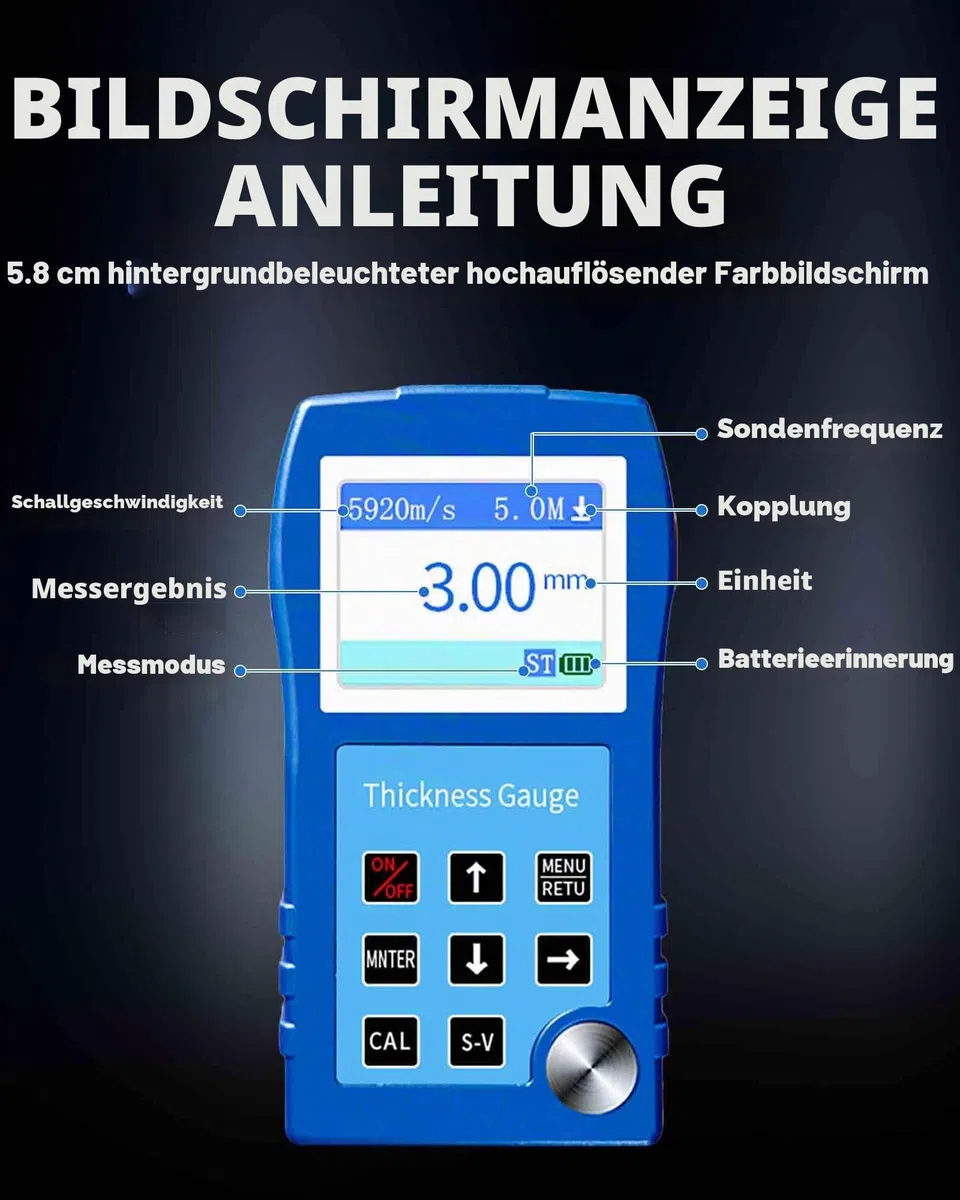 Ultraschall-Dickenmessgerät DR83S 0,9–300 mm, 2.3" Farbdisplay, Genauigkeit 0,1 mm, Thickness Gauge Meter für Metall/Kunststoff/Stahl/Glas, Datenspeicher für 2000 Gruppen, Kein Haftvermittler