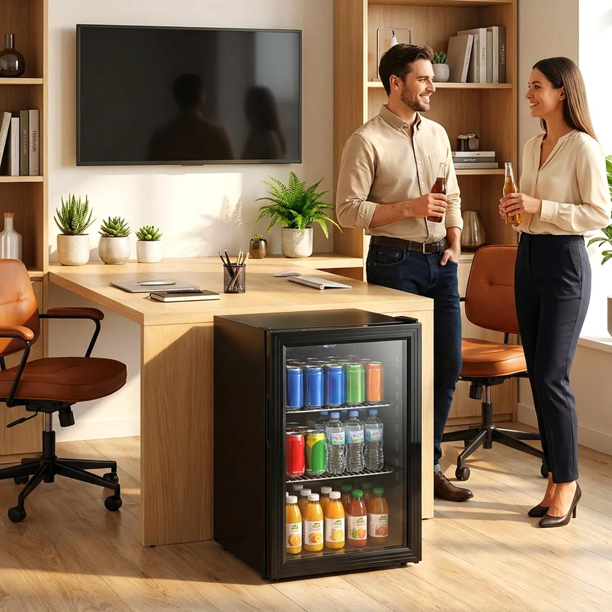 Mini Getränkekühlschrank 60L mit Glastür – Kompakter Kühlschrank mit verstellbaren Ablagen, leise Kompressor Kühlung, LED Beleuchtung für Bier, Wein, Zuhause, Büro [Energieklasse D]