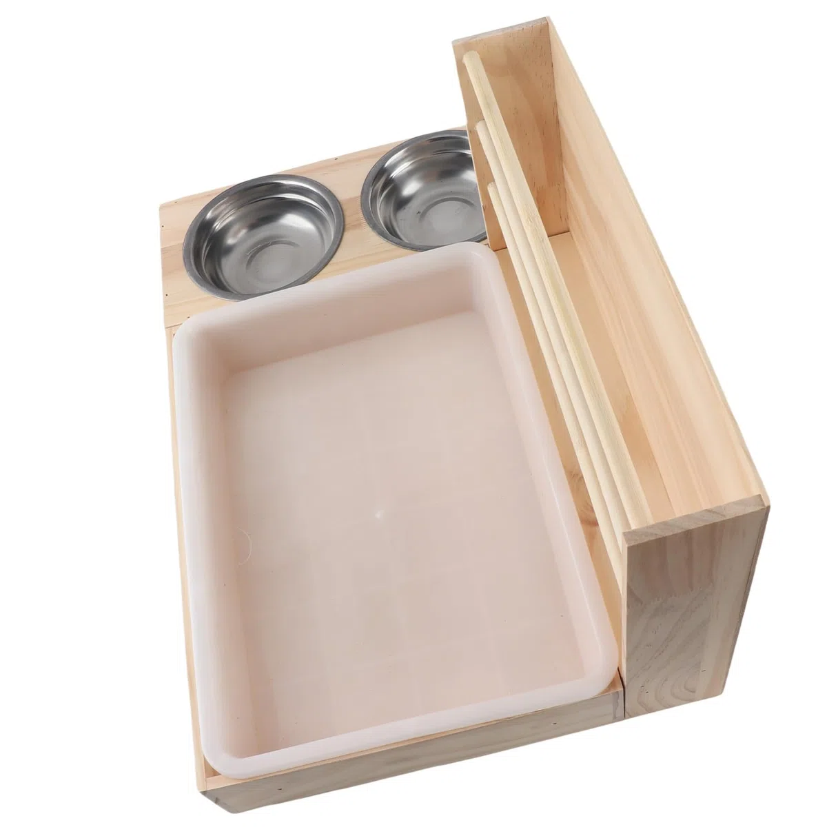 Cocoarm Kaninchen Heuraufe, 3 in 1 Futterspender aus Holz mit Großer | Katzentoilette aus Massivholz und Kunststoff, Edelstahlnäpfe, Kippsicher