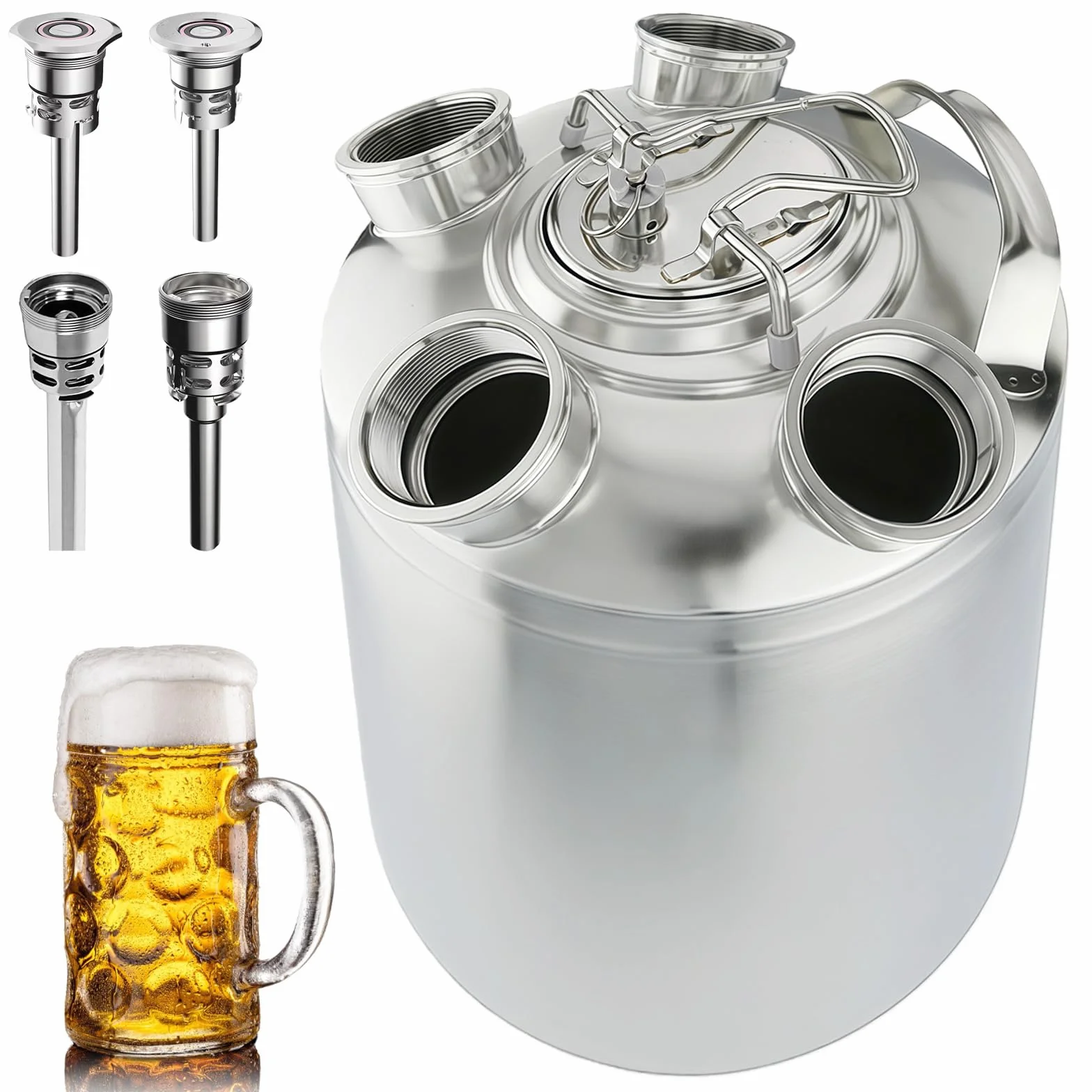 Bierreinigungsfass 10L, Edelstahl Reinigungsfass, 4-Kopf Reinigungsbehälter Inklusive Keg-Spießen A, S, G, D mit Verschlusskappe für Bierzapfanlagen Milchteemaschinen und Saftmaschinen