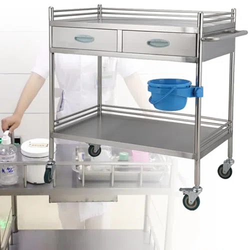 Labor-Servierwagen, Edelstahl-Rollwagen mit 2 Schichten, medizinischer Wagen mit Schubladen und feststellbaren Rädern, Dental Utility Cart mit Eimer für Labor und Zahngebrauch