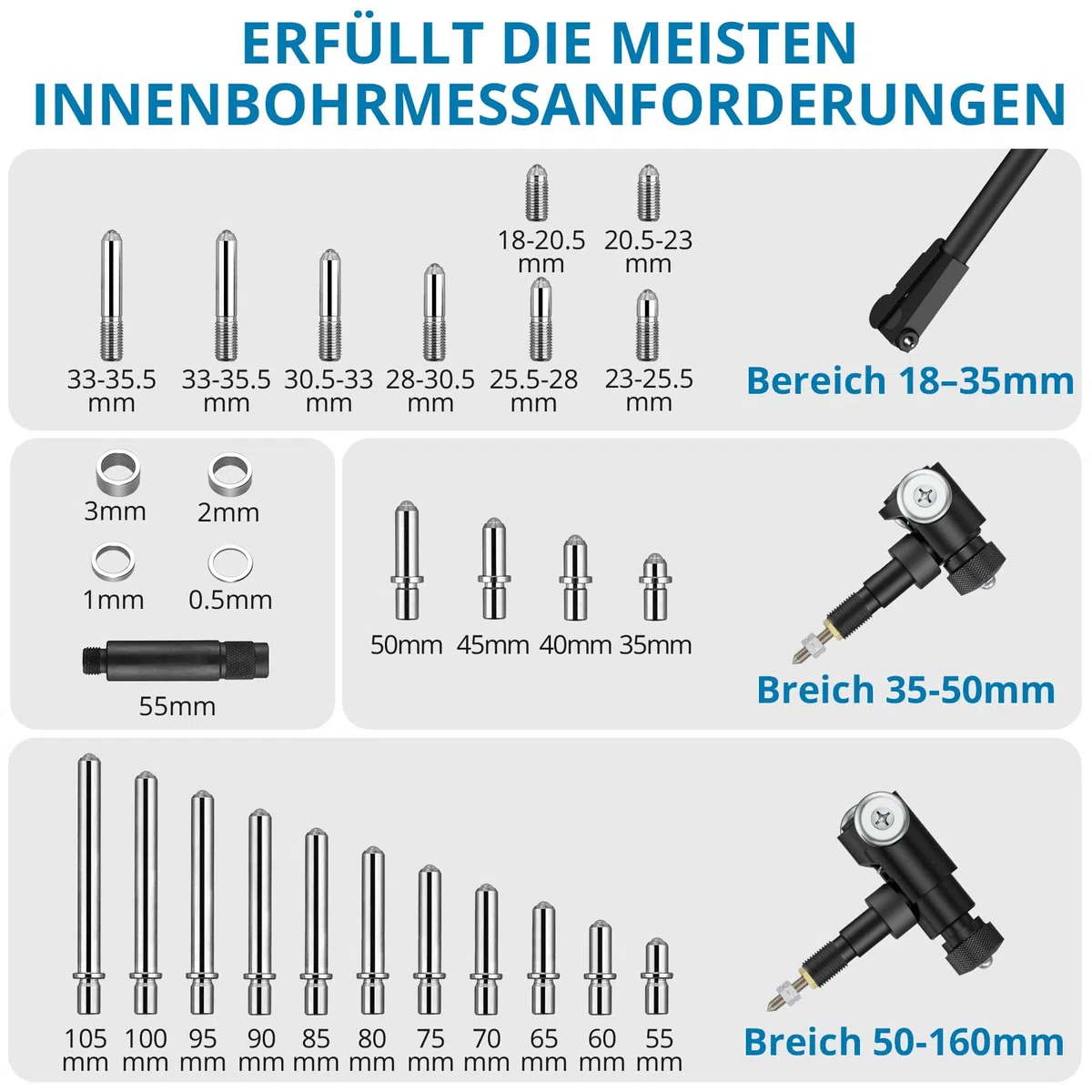 AUTOUTLET Digitales Bohrungsmessgerät Set 18–160mm, mit 23 Sonden & ABS-Box | 0,01mm Genauigkeit, MM/Zoll Anzeige, Robustes Aluminiumlegierung Innenmessgerät bis 150mm Tiefe, Zur Formabweichungsprüfung
