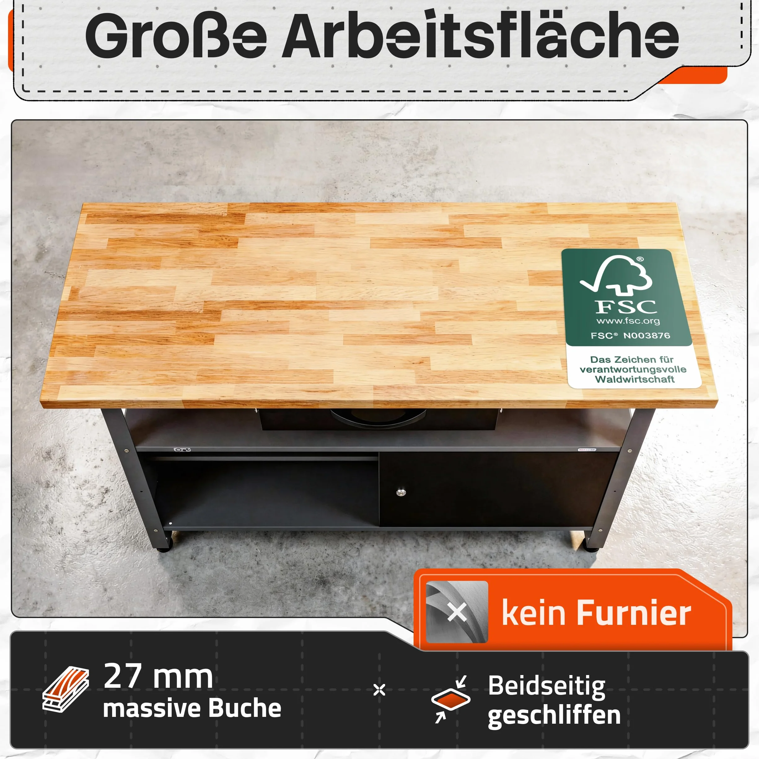 Ondis24 Montagewerkbank Werkbank Klaus 120 cm, Metall, abschließbarer Tür, höhenverstellbare Füße (Arbeitshöhe 85 cm, Schwarz Buchenplatte)