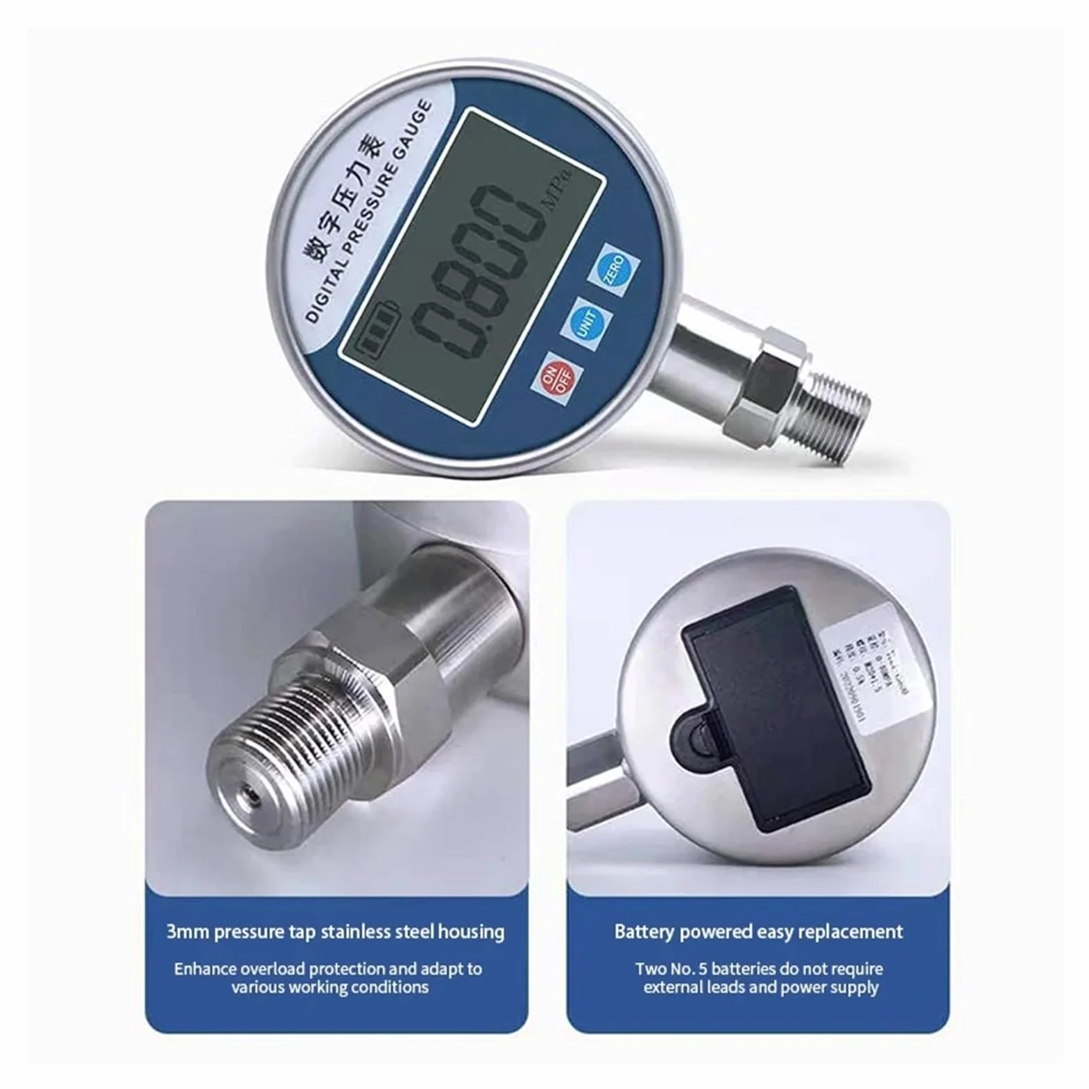 Druckregler, Elektronisches Manometer, 60-mm-Zifferblatt, LCD-Digitalanzeige, hydraulisches Vakuum-Unterdruckmessgerät, Wasser-Öl-Manometer(0-10Mpa)