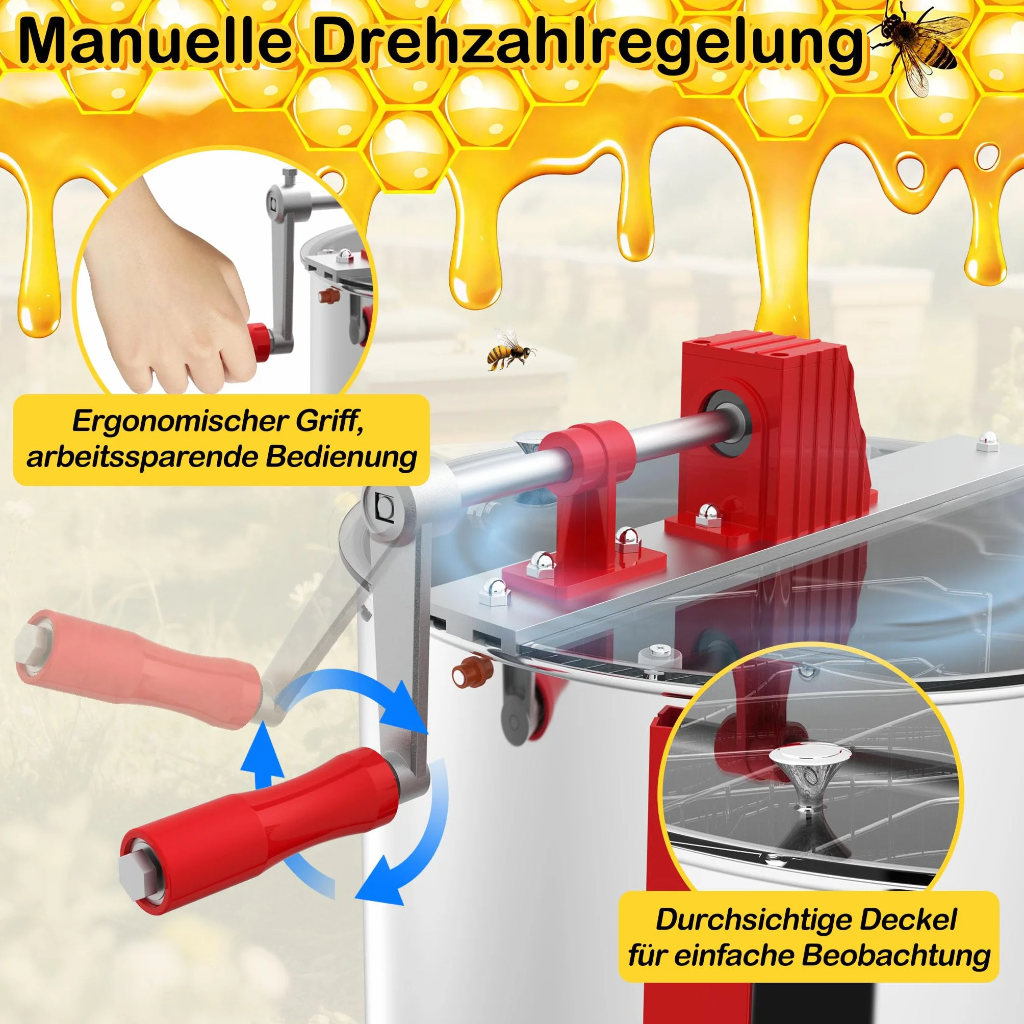 HENGMEI Honigschleuder aus Edelstahl 3 Waben Rahmen Manuelle Tangentialschleuder mit Handkurbel verstellbaren Beinen Honigextractor mit Deckel Honig-Extraktor Ø54 x 111 cm