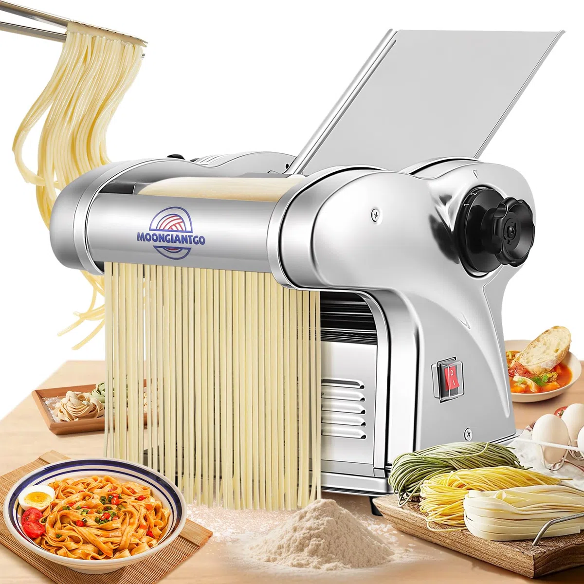 Moongiantgo Nudelmaschine Elektrische, Edelstahl Nudelmaker, Pastamaschine mit 3 Klingen von 1,5 mm, 4mm und 9 mm, 9-Stufige Dickeinstellung 0,3-3 mm für Nudeln,Fettuccine,Tagliolini,Ravioli,Dumpling