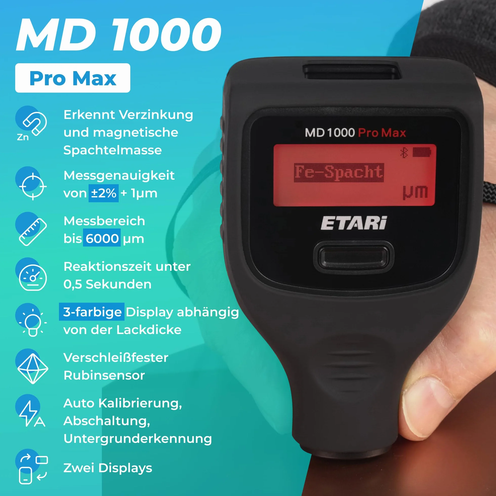 ETARI® MD 1000 Pro Max (Ferr & Non-Ferr), Profi Lack Schichtdickenmessgerät zur Lackdickenmessung am Auto bis zu 6000 μm, +3-farbige Displaybeleuchtung,+2 Displays (LCD und OLED) + kostenfreie App
