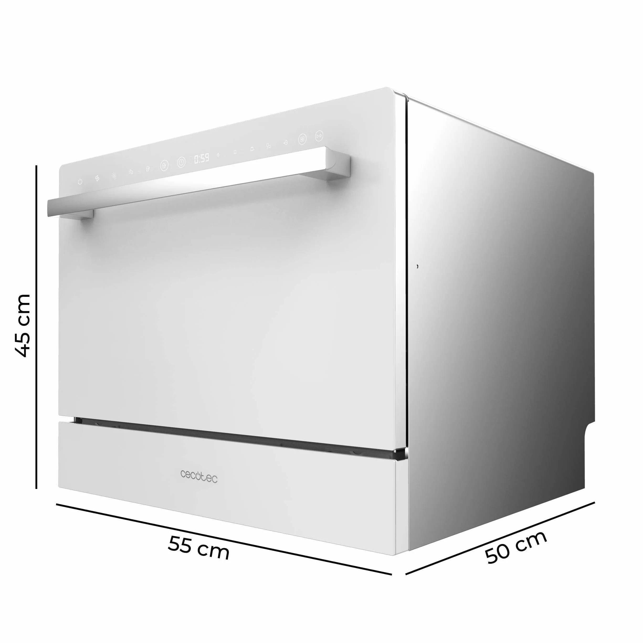 Cecotec Kompakt-Geschirrspüler für 6 Gedecke Bolero Aguazero 2400 White Glass. 1380W, Weißglas-Finish, 5 Programme, Touch-Bedienfeld, programmierbar bis zu 24 Stunden, Kindersicherung und Besteckkorb