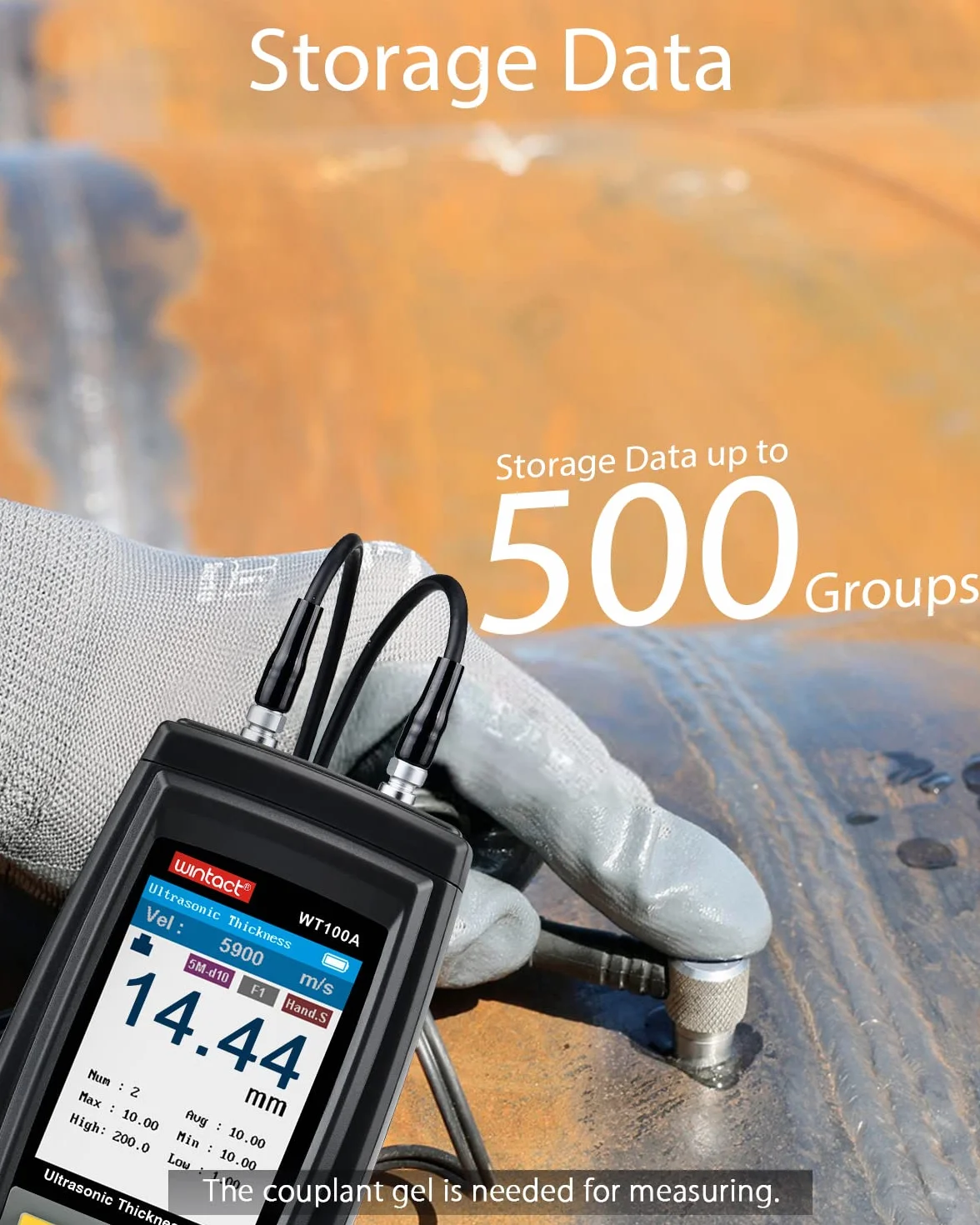 Wintact Digitales Ultraschall-Dickenmessgerät, Messbereich 1,00 bis 300 mm mit Sonde zur Messung von metallischen und nichtmetallischen Werkstoffen, Zylinderwänden, Kunststoff, Glas, PVC
