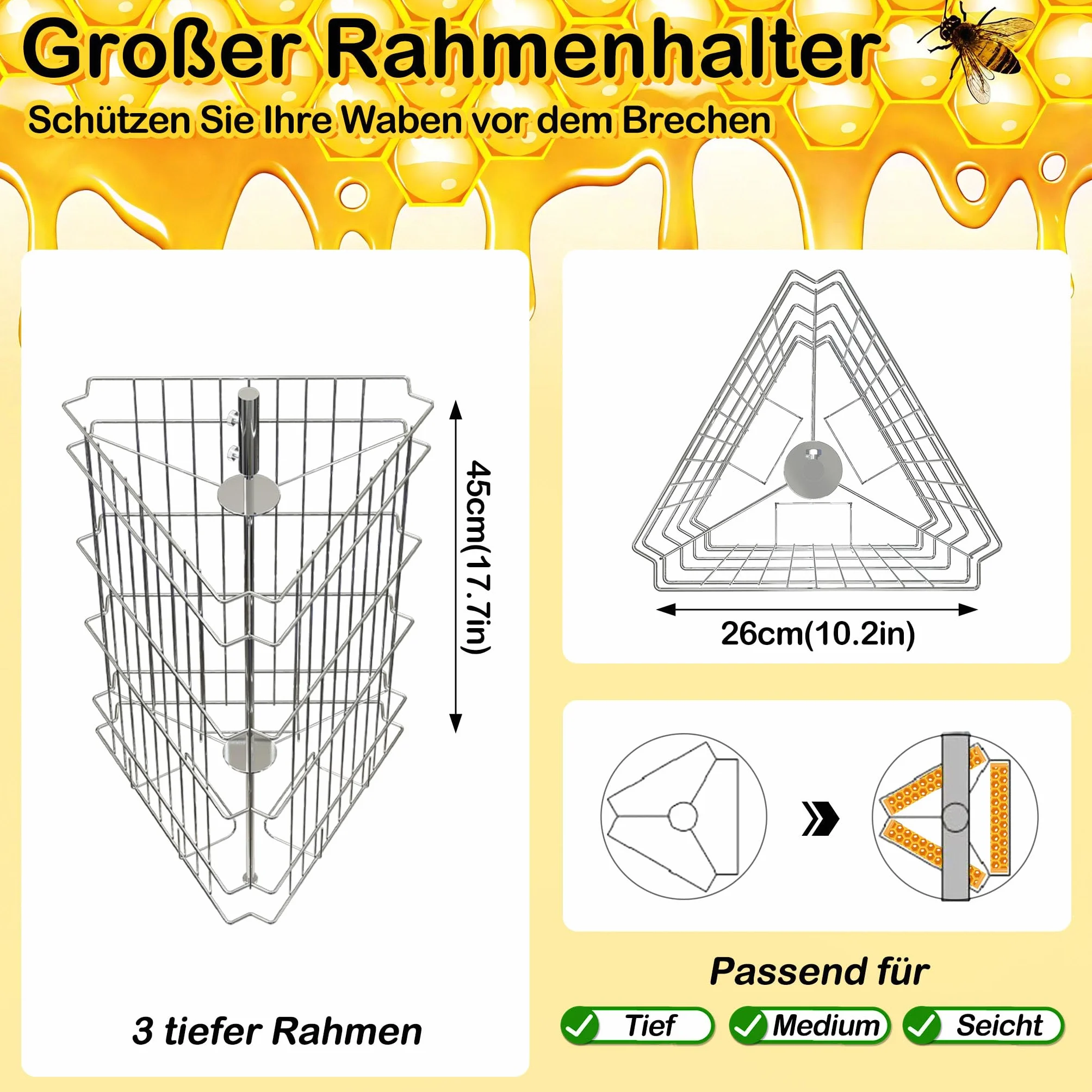 HENGMEI Honigschleuder aus Edelstahl 3 Waben Rahmen Manuelle Tangentialschleuder mit Handkurbel verstellbaren Beinen Honigextractor mit Deckel Honig-Extraktor Ø54 x 111 cm