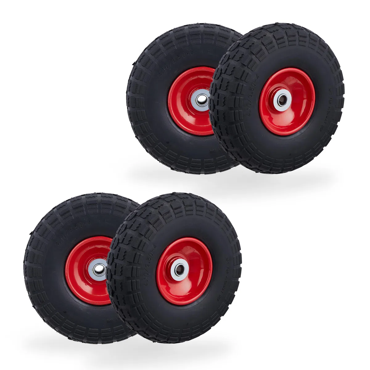 Relaxdays 4X Sackkarrenrad, pannensichere Vollgummireifen, 4.10/3.50-4", Stahlfelge, bis 150 kg, 260x85 mm, schwarz-rot