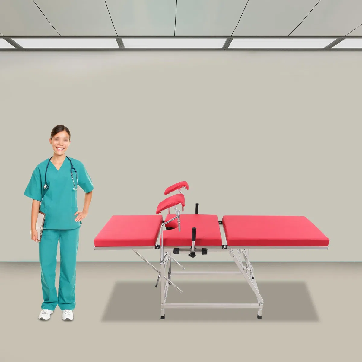 Gynäkologenstuhl, Zusammenklappbarer Gynstuhl mit 201 Edelstahl, höhenverstellbar, klappbarer Untersuchungsstuhl für Klinik & Frauenarzt, 200 kg Belastbarkeit (Rot)