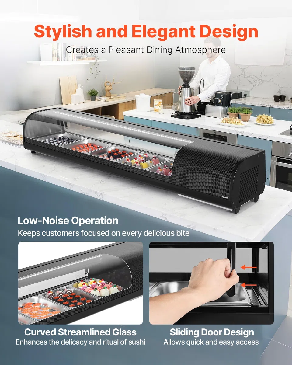 VEVOR Sushi Kühlvitrine 82 L kommerzielle Vitrine Kühlaufsatzvitrine (5 Pfannen) mit gebogenem Glas & LED-Beleuchtung & digitaler Temperaturregelung, Kühlschrank für Theke Restaurant Geschäft