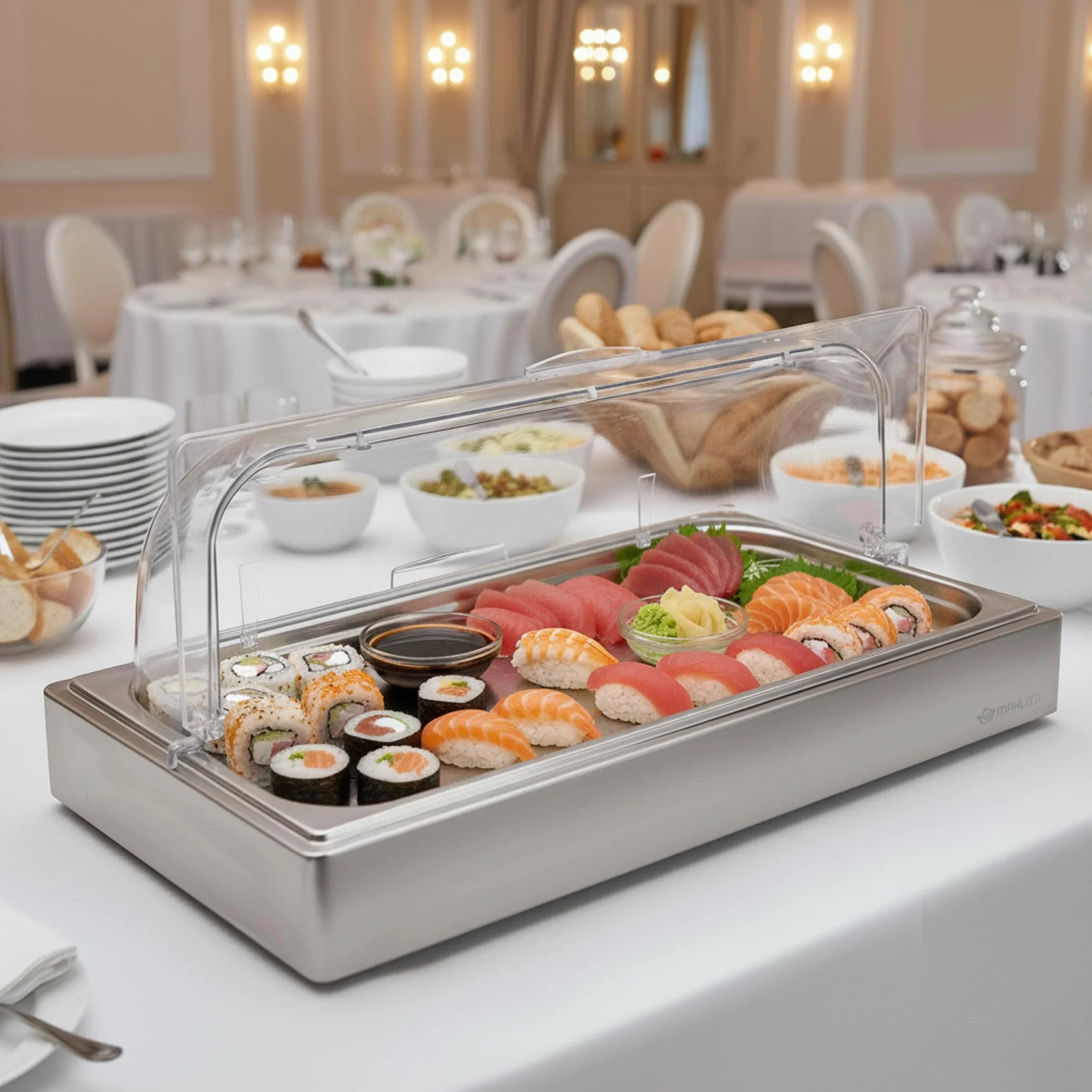 Mahlzeit Kühl Servierplatte | 54 x 34 x 24,5 cm | GN 1/1 Kühlplatte mit Haube, System Kühlschale mit Kühlakku | Frischhalteplatte, Servierhaube mit 2 Kühlakkus | Catering Platte, Buffetvitrine
