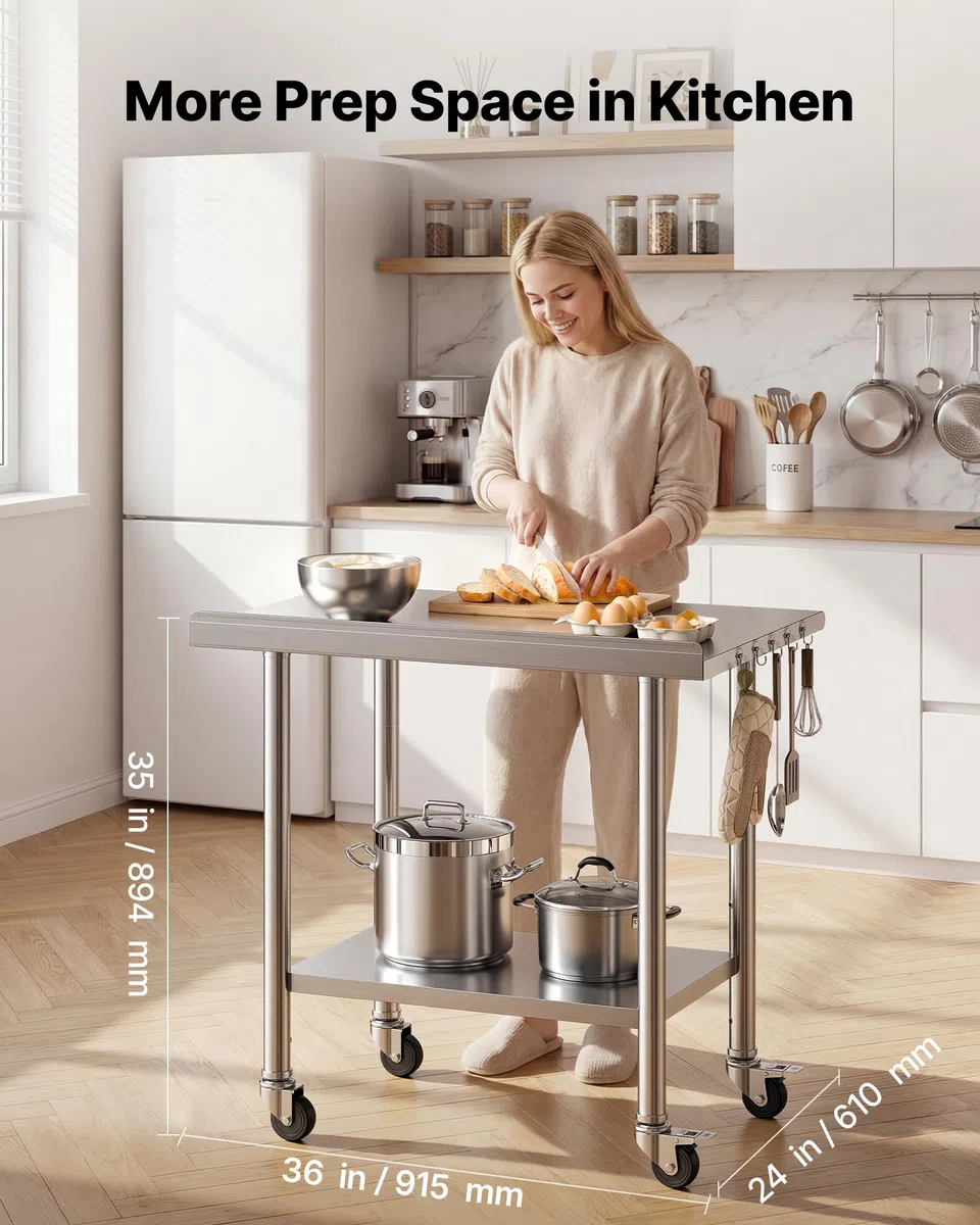 VEVOR Edelstahltisch Gastro 915 x 610 x 894 mm, Verstellbarer Edelstahltisch mit Rollen, Aufkantung (30 mm), Arbeitstisch mit Grundboden für Restaurant Obere Ablage (227 kg) Untere Ablage (191 kg)
