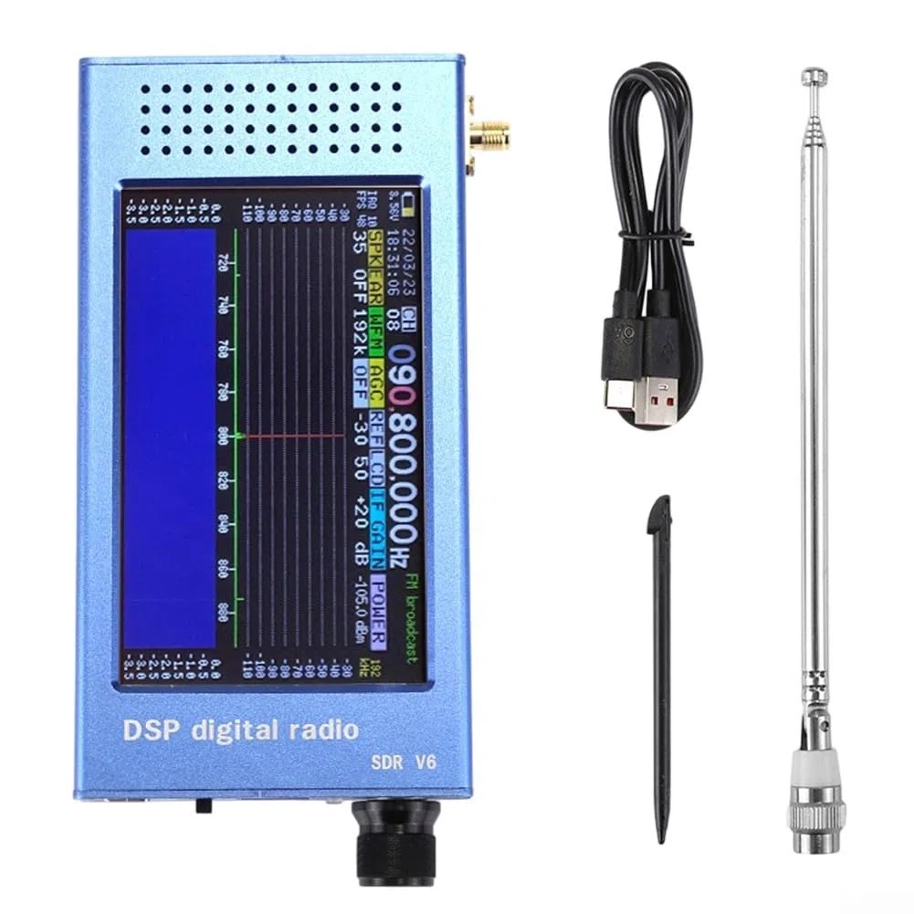 SDR-V6 Kurzwellenempfänger mit 4,3 Zoll Touchscreen, 100kHz-149MHz Vollband DSP-Radio, Aluminiumgehäuse, 3000mAh Akku für Amateurfunk und Flugband(Blue)