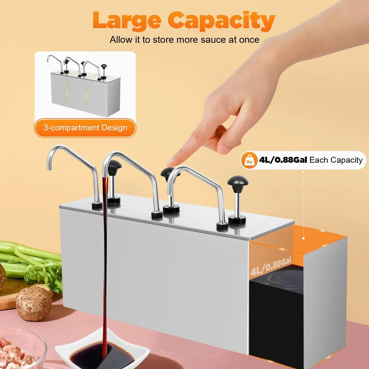 Soßenpumpenspender, 3X4L Edelstahl Soßenspender Gewürzpumpe, Essig Kochwein Honig Sirup Ketchup Spender Pump Soßenspender Sauciere Dispenser für Küchen Cafeterias Hotels Restaurants