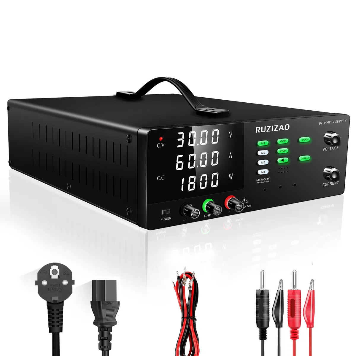 Labornetzteil, 0-30V 0-60A 1800W Hochleistungs-Labornetzgerät, DC Regelbar Netzgerät mit Ausgangsschalter, OCP und OVP, Memory-Funktion, Encoderregelung, 4-stellige LED-Anzeige, Lockout-Taste