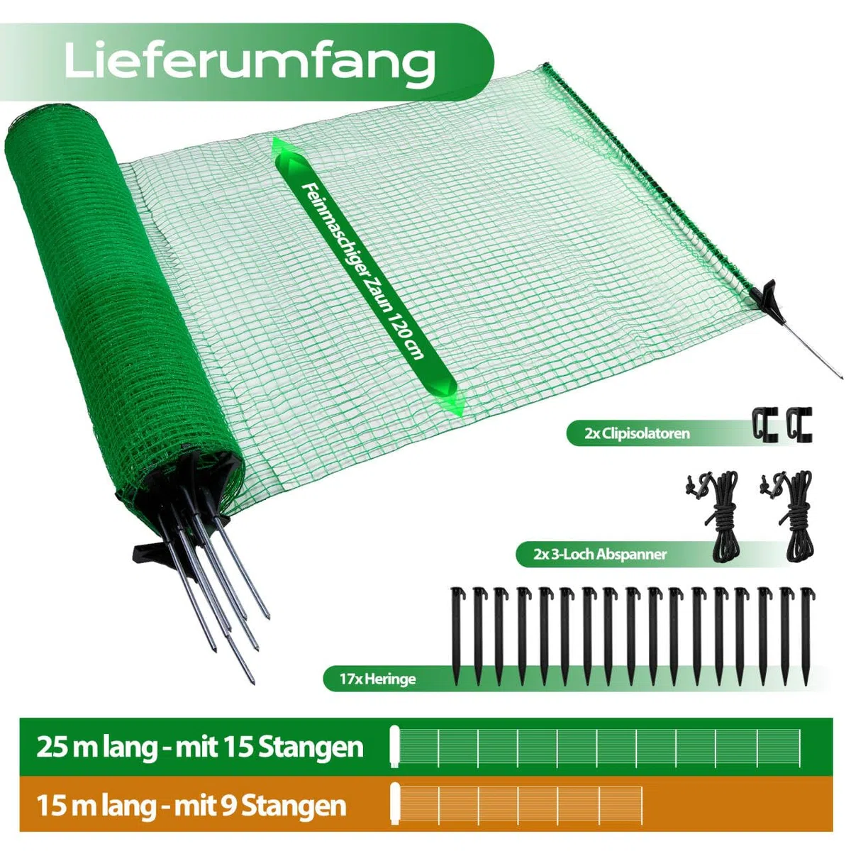 Signstek Mobiler Begrenzungszaun 120 cm hoch – 25 m Steckzaun mit 15 Pfählen, ohne Strom, engmaschig, grün | Hunde- & Hühnerzaun, Campingzaun