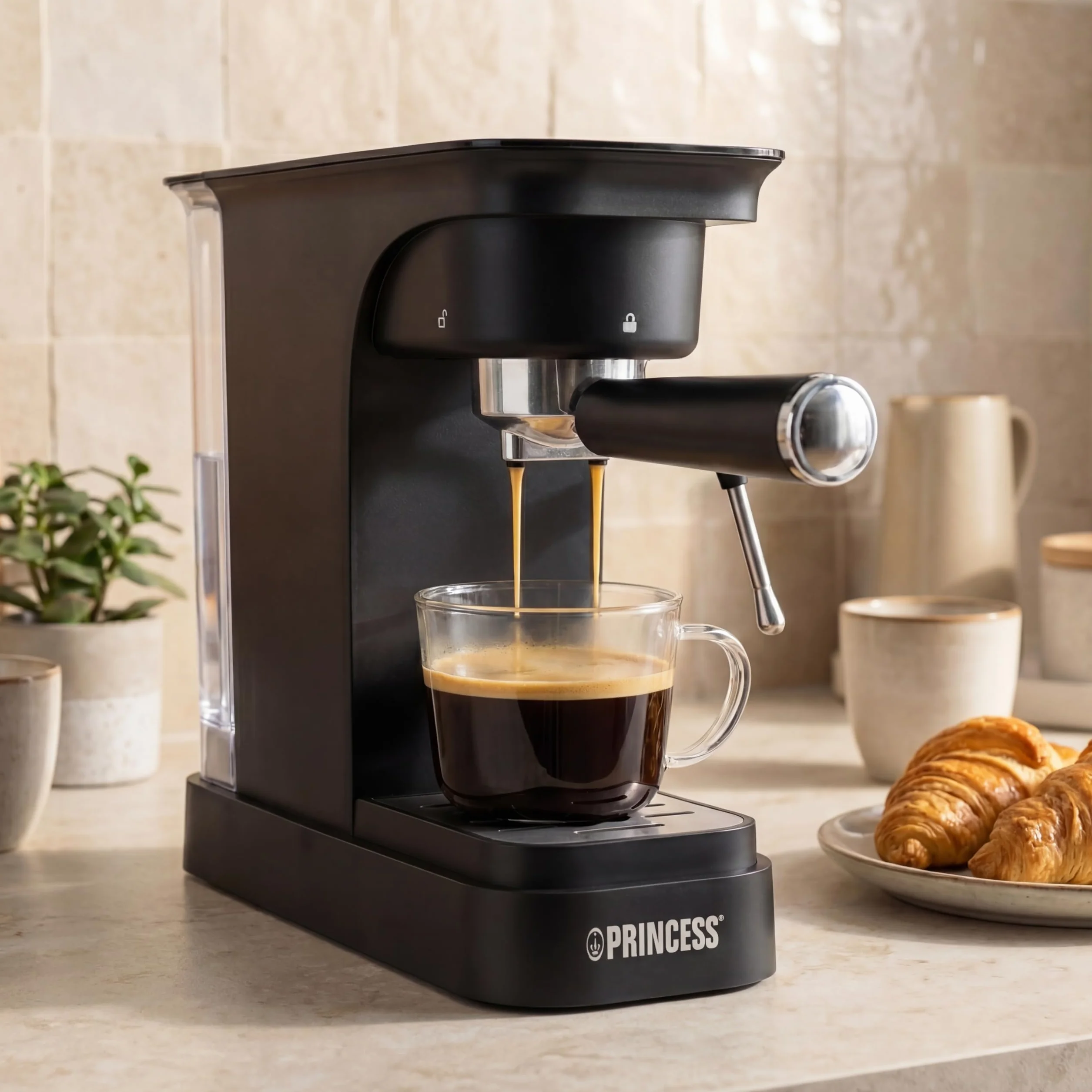 Princess Espressomaschine, 20 Bar Pumpdruck, 0,8 l Wassertank, Für Gemahlenen Kaffee und ESE Pads, Kompaktes Design, Schwarzes Gehäuse, 01.249421.01.001