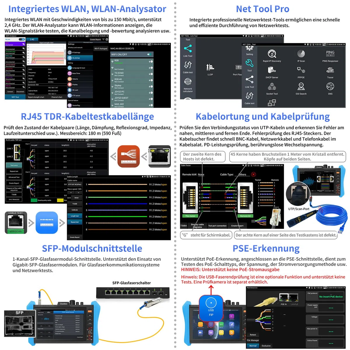Henkion OTDR-Glasfasermessgerät 8 Zoll IPS-Touchscreen, 1310/1550nm 28/26dB Fiber Optic Tester, Netzwerktester mit Event Map, LS, OPM, VFL, OLS, Digitalmultimeter, SFP, WLAN und RJ45 Kabeltest