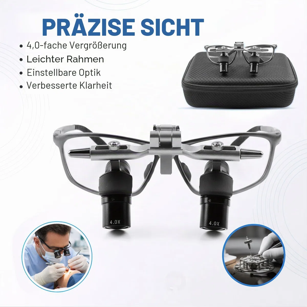 BONEW Orale hohe Vergrößerung, 4X/5X/6X, ultraleicht, ergonomisch, chirurgische Fernglaslupe, 45° Ergo-Lupe, chirurgische Lupe, Arbeitsabstand 350–450 mm, gebogene Linse, verstellbar (4,0-fach)
