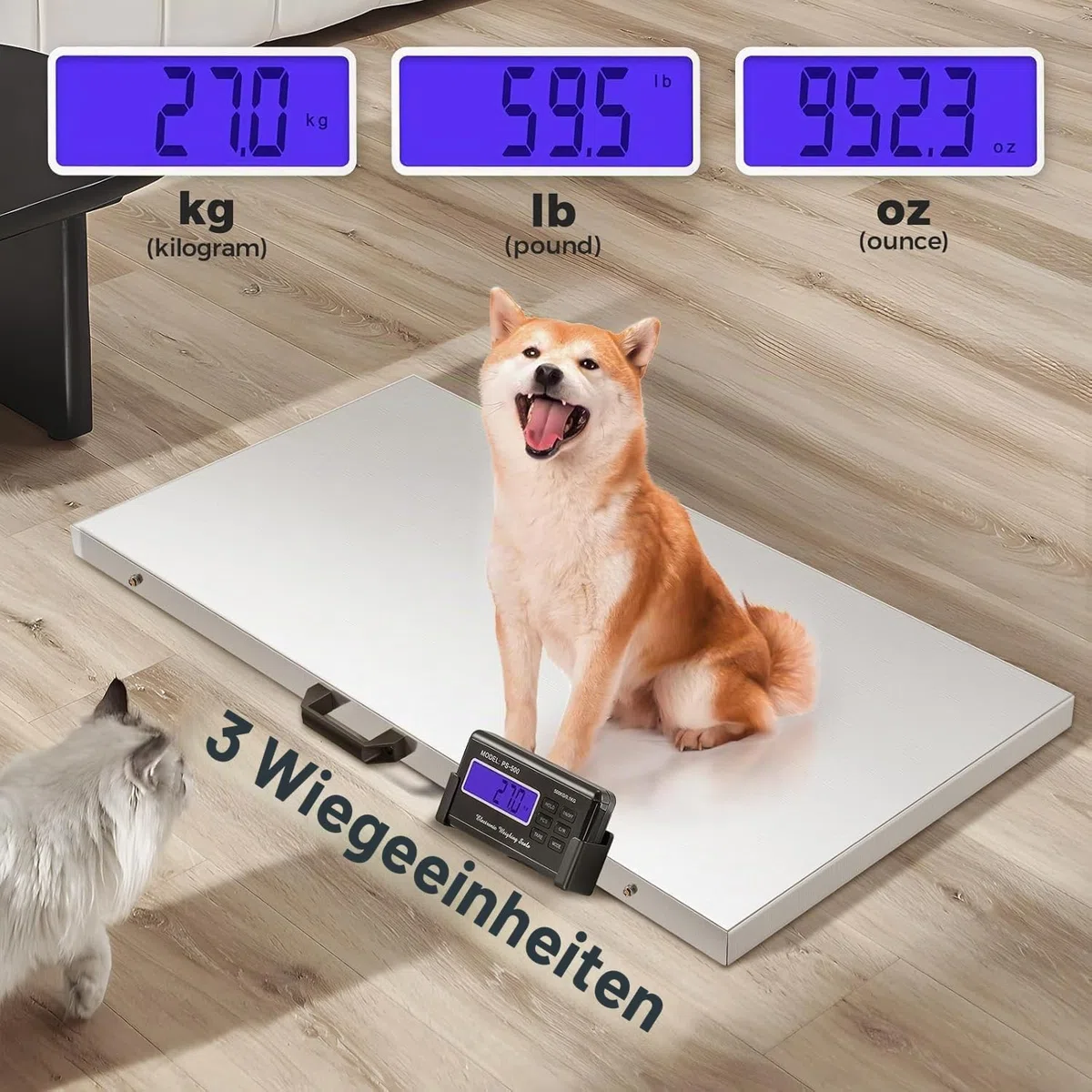 Bonvoisin 500kg Tierwaage für Veterinär & Nutztiere, Tara- & Hold-Funktion | Große Edelstahl-Plattform 103x53cm mit rutschfester Matte, Fern-Display & Dual-Stromversorgung für professionelles Tierwiegen