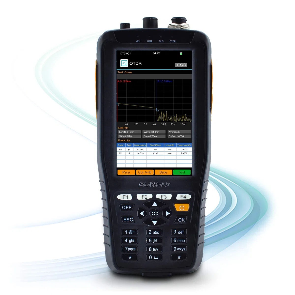 1310/1550nm 22/20dB Handheld 4in1 Mini OTDR +VFL+OPM+OLS 4” Touchscreen 60Km Glasfaser Tester/LWL Tester/Optische Zeitbereichs-Reflektometer mit SC(APC)+FC(APC)+FC zu LC(APC) Adapter