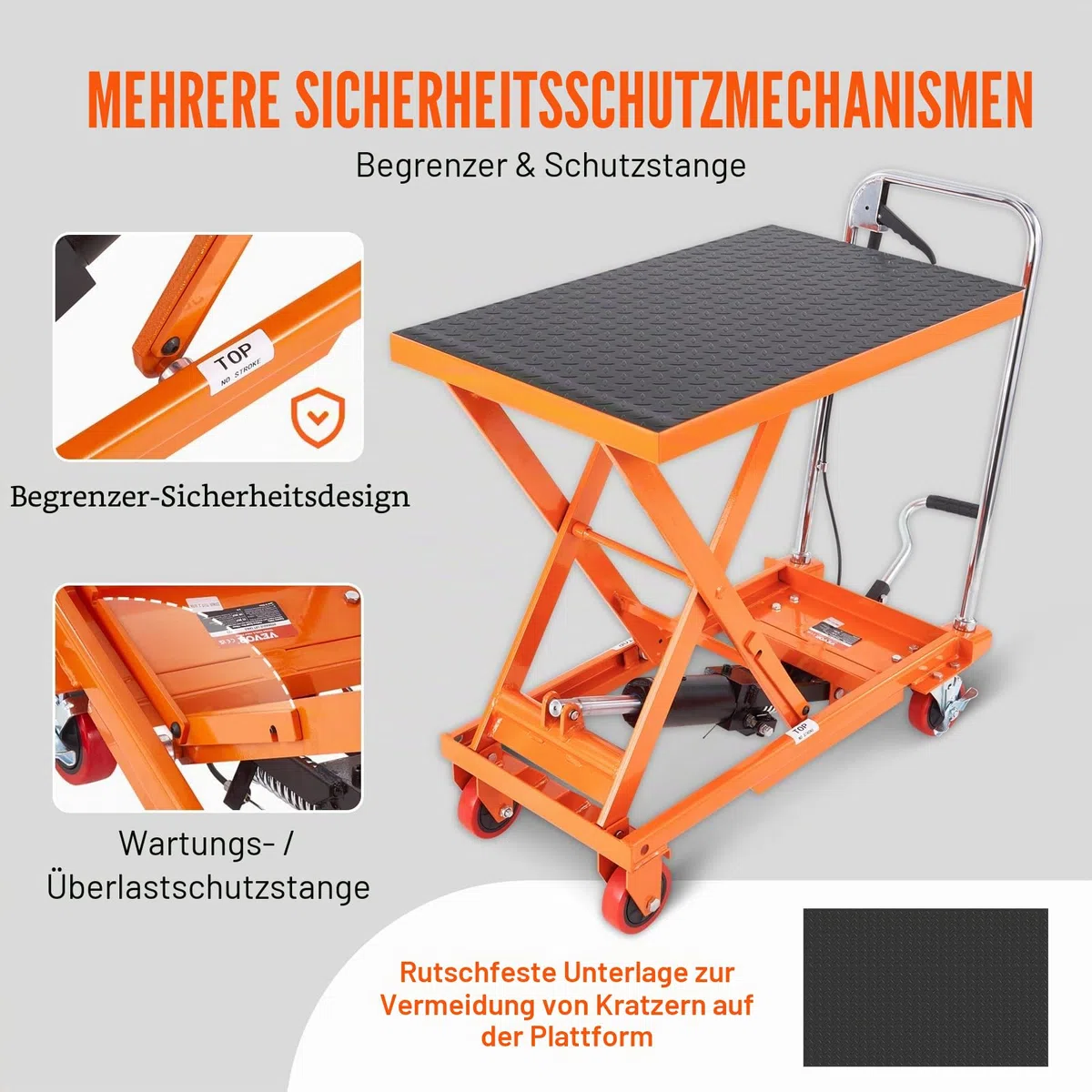 VEVOR Scherenhubtisch hydraulisch 230 kg Tragfähigkeit Hubtischwagen 220–720 mm Hubbereich Hubtisch Werkstatt 700 x 450 mm Plattform Scherenhubwagen Einzelschere für Fabriken Lagerhäuser Supermärkte