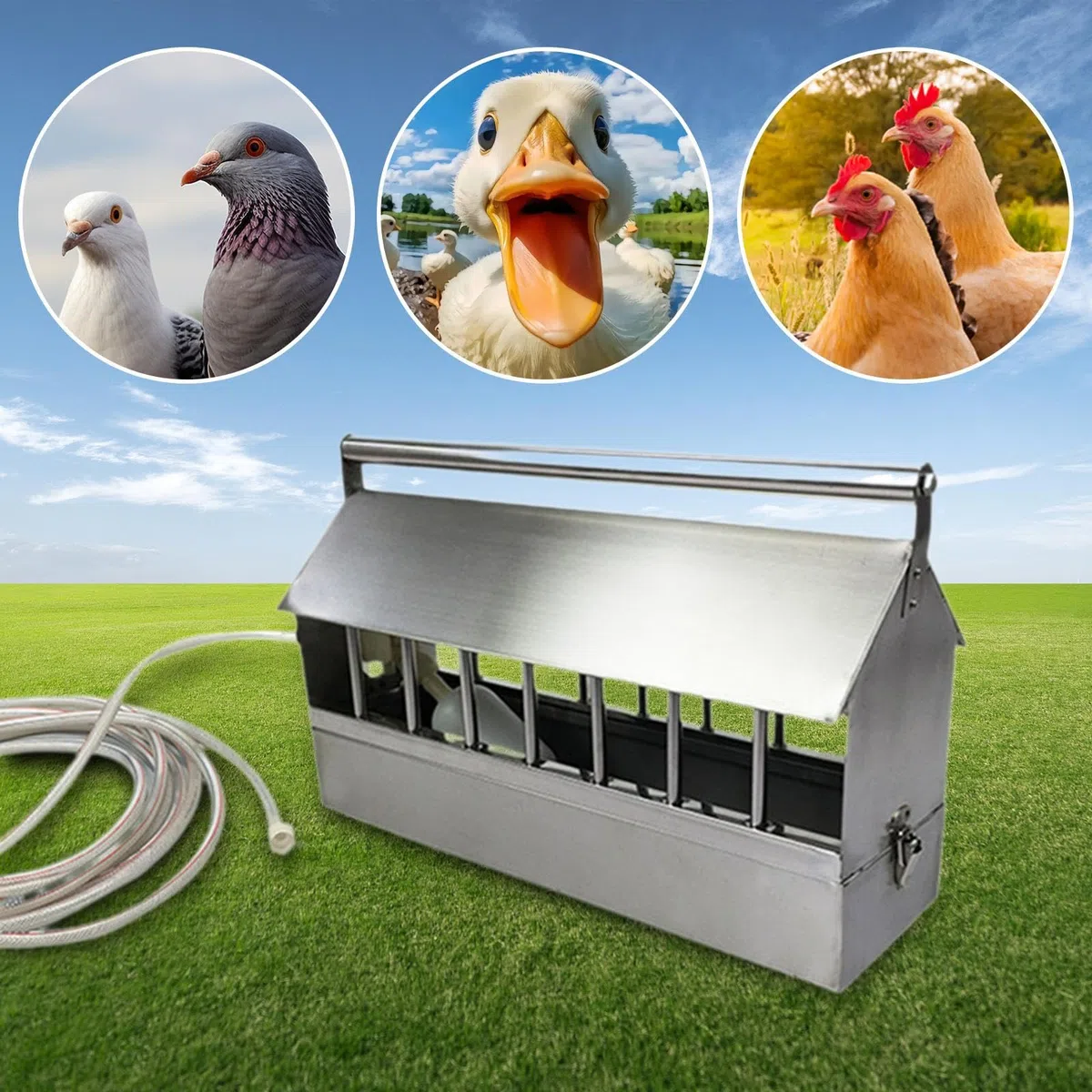 Milageto Automatischer Geflügeltränke, Geflügelbrunnen mit 2 m Schlauch, automatischer Wasserspender, Vogelbedarf für Tauben, Gänse, Frühlingshühner, 40cm
