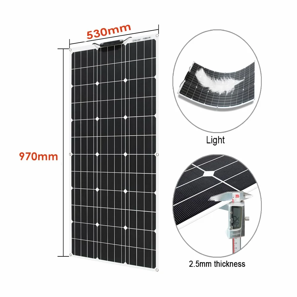 100W 12V Kit Solarpanel Flexibel Mit 10A Laderegler 12V, Monokristallines Photovoltaik Solarmodul,Solarkabel,für Wohnmobil, Wohnwagen, Auto,Boot,12V Batterie