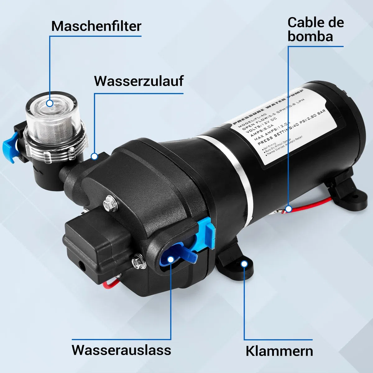 Membran Wasserpumpe 12V, Wasserpumpe Wohnmobil Druckwasserpumpe | Diaphragm Pump DC 20,8 LPM mit Maschenfilter, Arbeitsdruck 40 PSI, Leistung 180W Strom 12A, Wasser Pumpe für Camping RV, Boot
