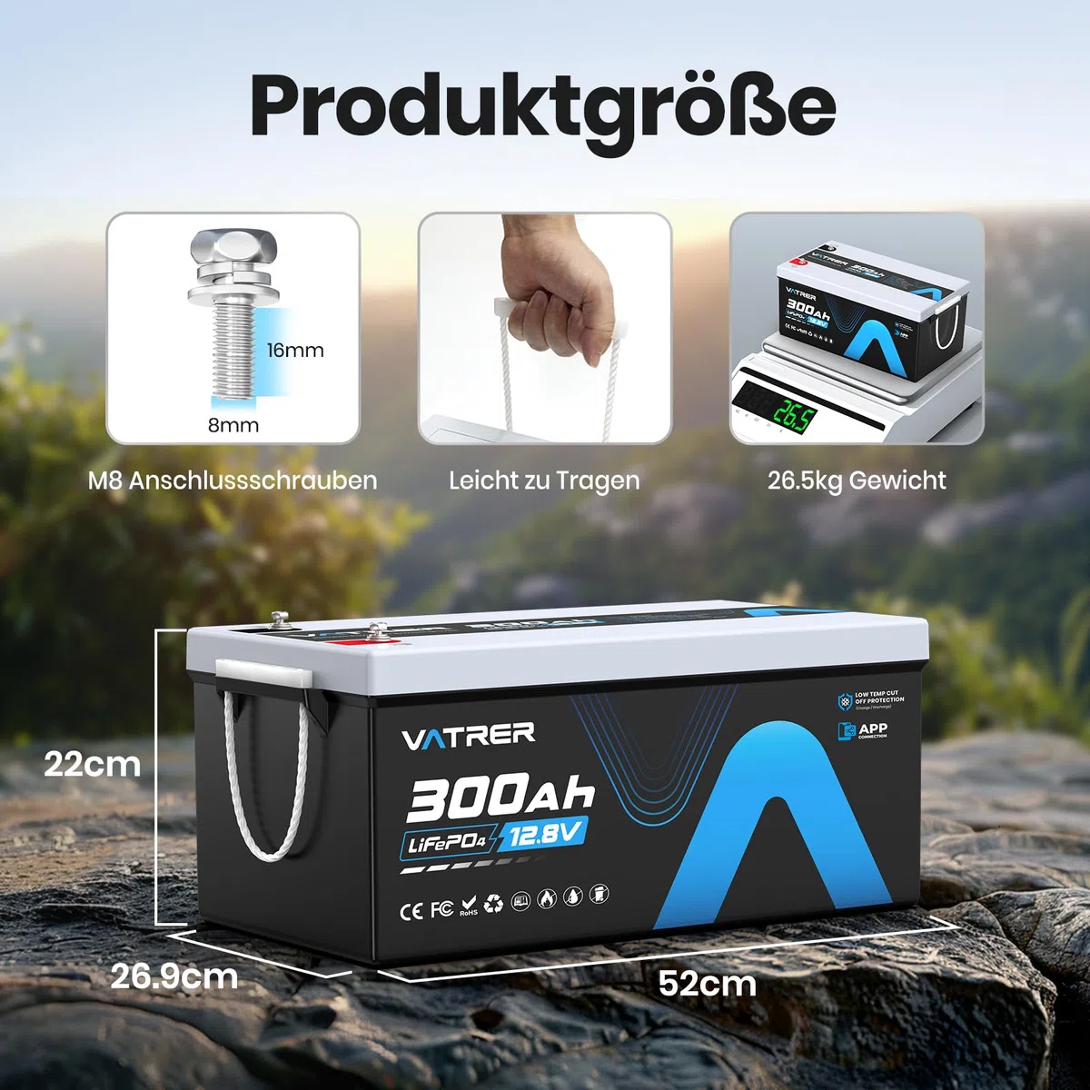 VATRER POWER LiFePO4 12V 300AH Bluetooth Lithium Batterie mit 200A BMS 5000 Zyklen Lithium Akku 3840W Abschaltschutz bei Niedriger Temperatur Perfekter für Wohnmobil, Solar & Off-Grid-Anwendungen