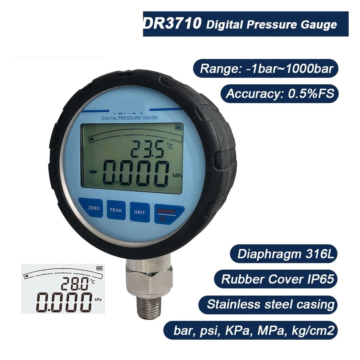 Digitales Manometer, G1/4 Genauigkeit 0,5% FS. Edelstahl-Manometer, LCD-Flüssigkeitsmanometer(-100KPa-250KPa)