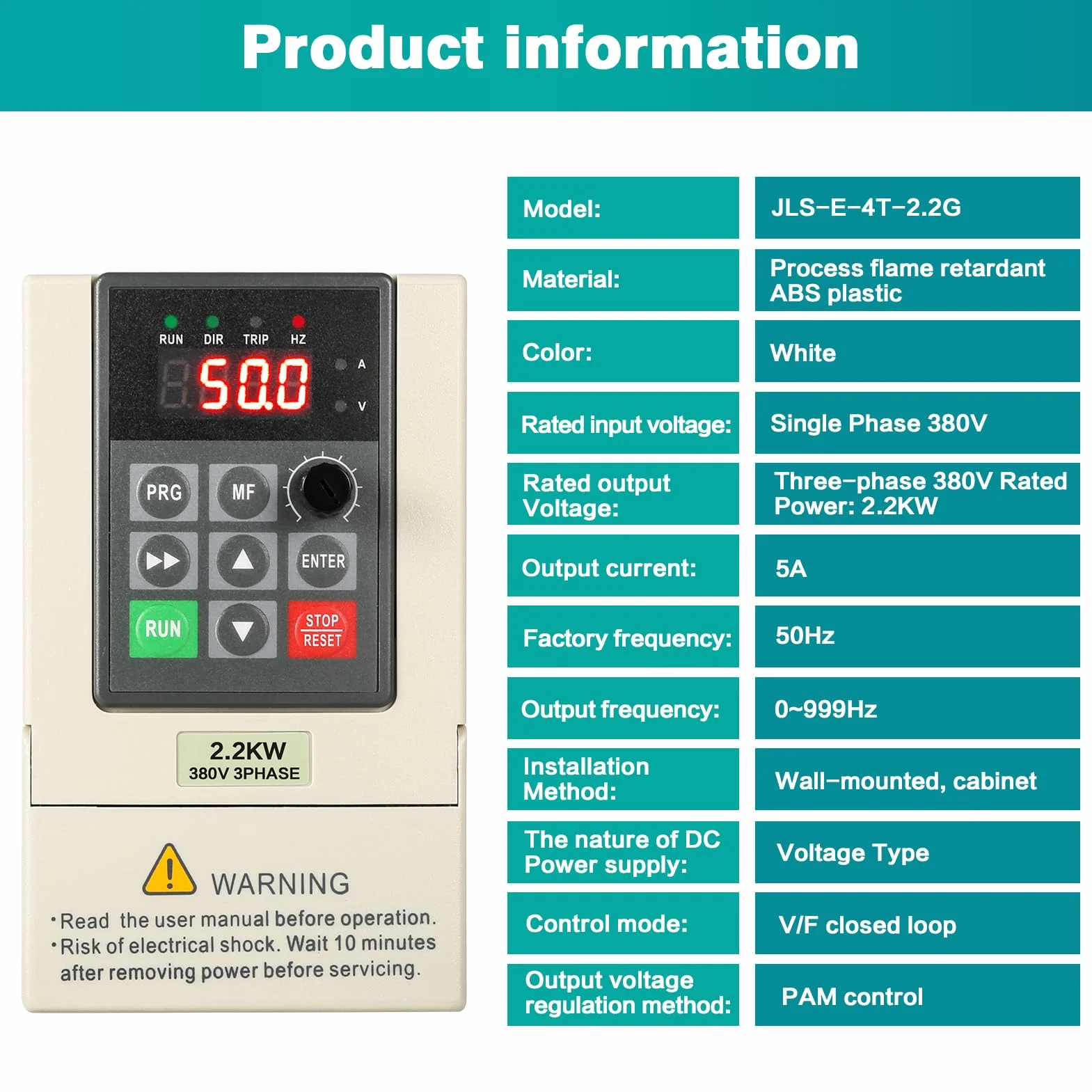 VFD Frequenzumrichter, 380V 2,2 kW Frequenzumrichter 3 Phasen Eingangs Ausgangs 380V zur Steuerung der Motordrehzahl mit 2M Verlängerungskabel
