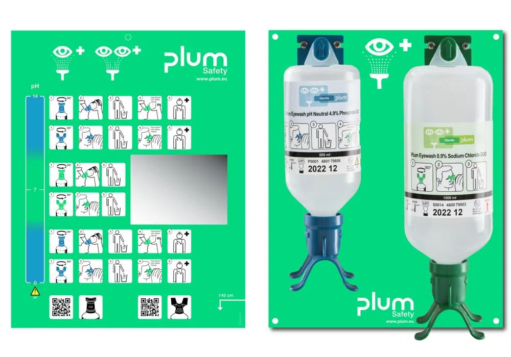 Plum COMBI Wandset - Augenspülung Lösung, Fremdkörper, Säure und Lauge, DUO, Flasche 1 * 500 ml, 1 * 1000 ml, Piktogramm, Spiegel