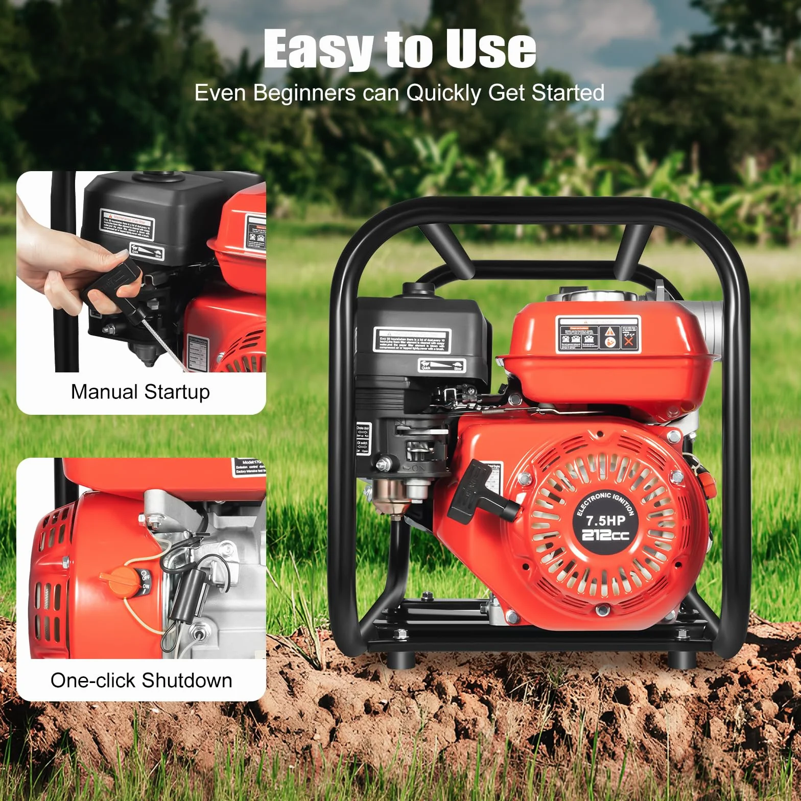 3 Zoll Benzin Wasserpumpe 7,5PS 4 Takt Motor Wasserpumpe 212CC Gartenpumpe Selbstansaugend Schmutzwasserpumpe mit 7,5m Wasserleitung für Bewässerung, Entwässerung