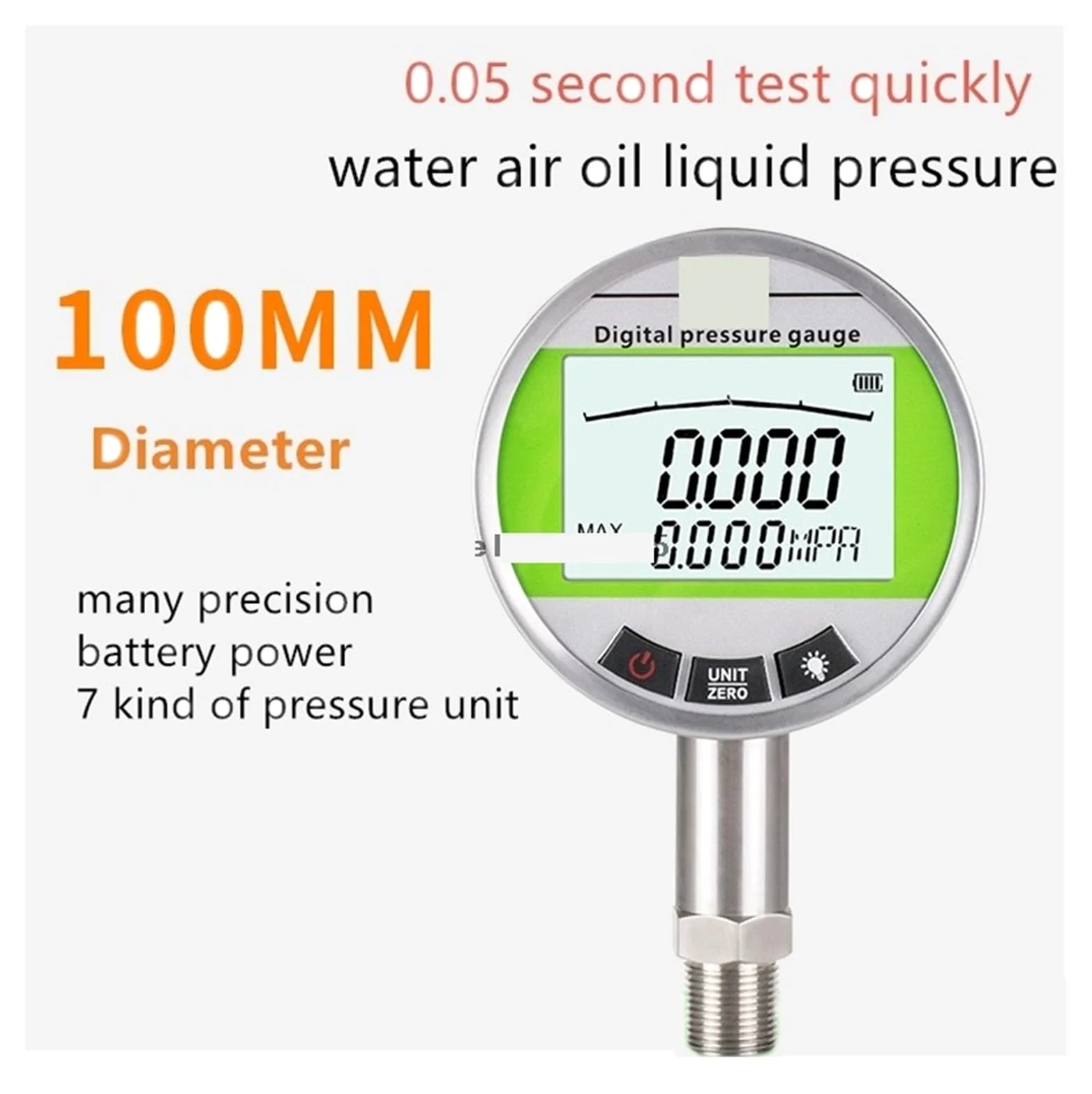 Druckregler, Durchmesser 60 mm, 80 mm, 100 mm, Edelstahl, intellinte Präzision, digitales Manometer, Vakuum, Wasser, hydraulischer Druck(Dia 60mm,0-25Mpa 0.4precision)