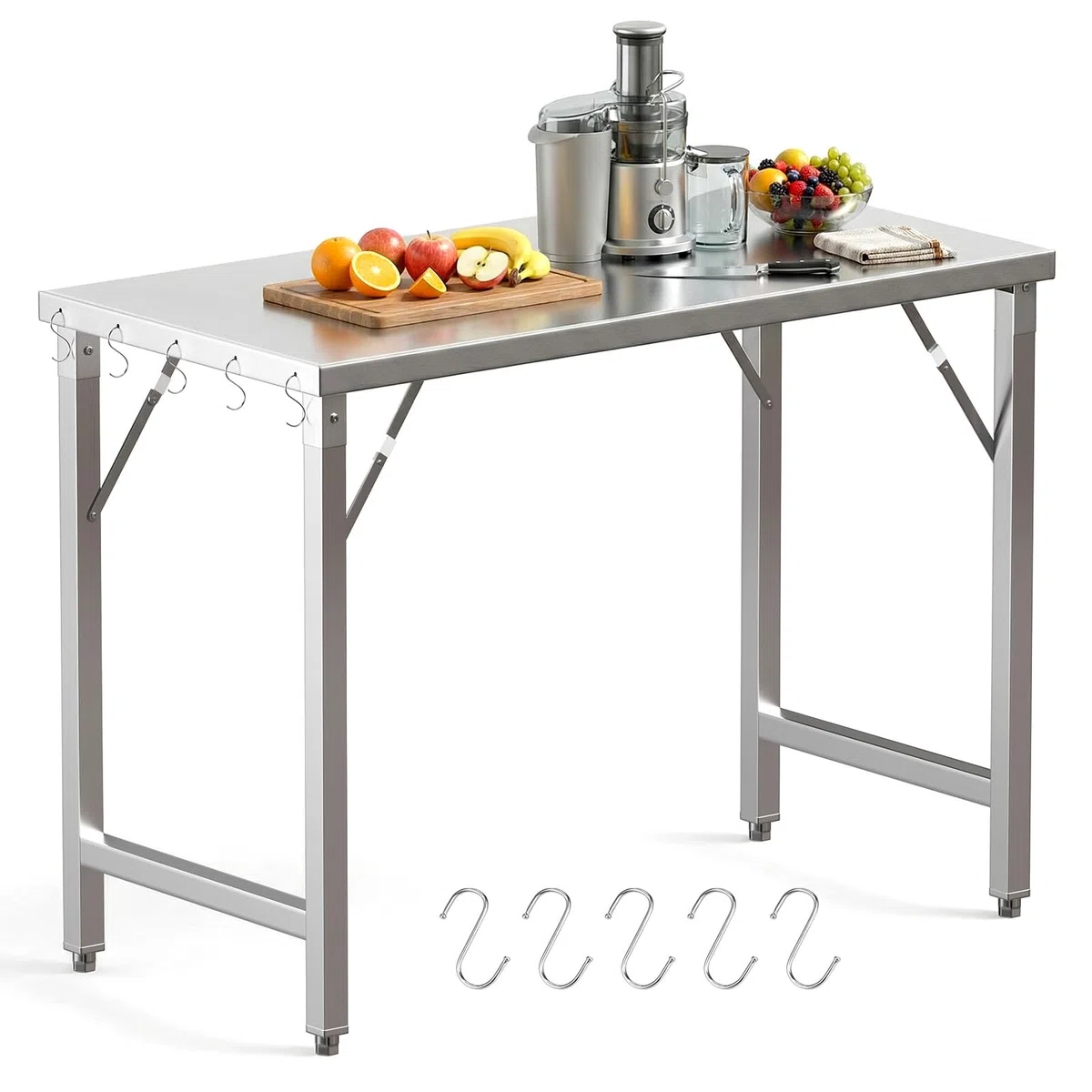 TLSUNNY Edelstahl Arbeitstisch Klappbar 120x60 cm, Edelstahl Klapptisch Outdoor mit 5 Haken, Höhenverstellbare Füße, Tragkraft 250kg, Gastro Küchentisch Grilltisch, Zubereitungstisch, Tisch für Küche