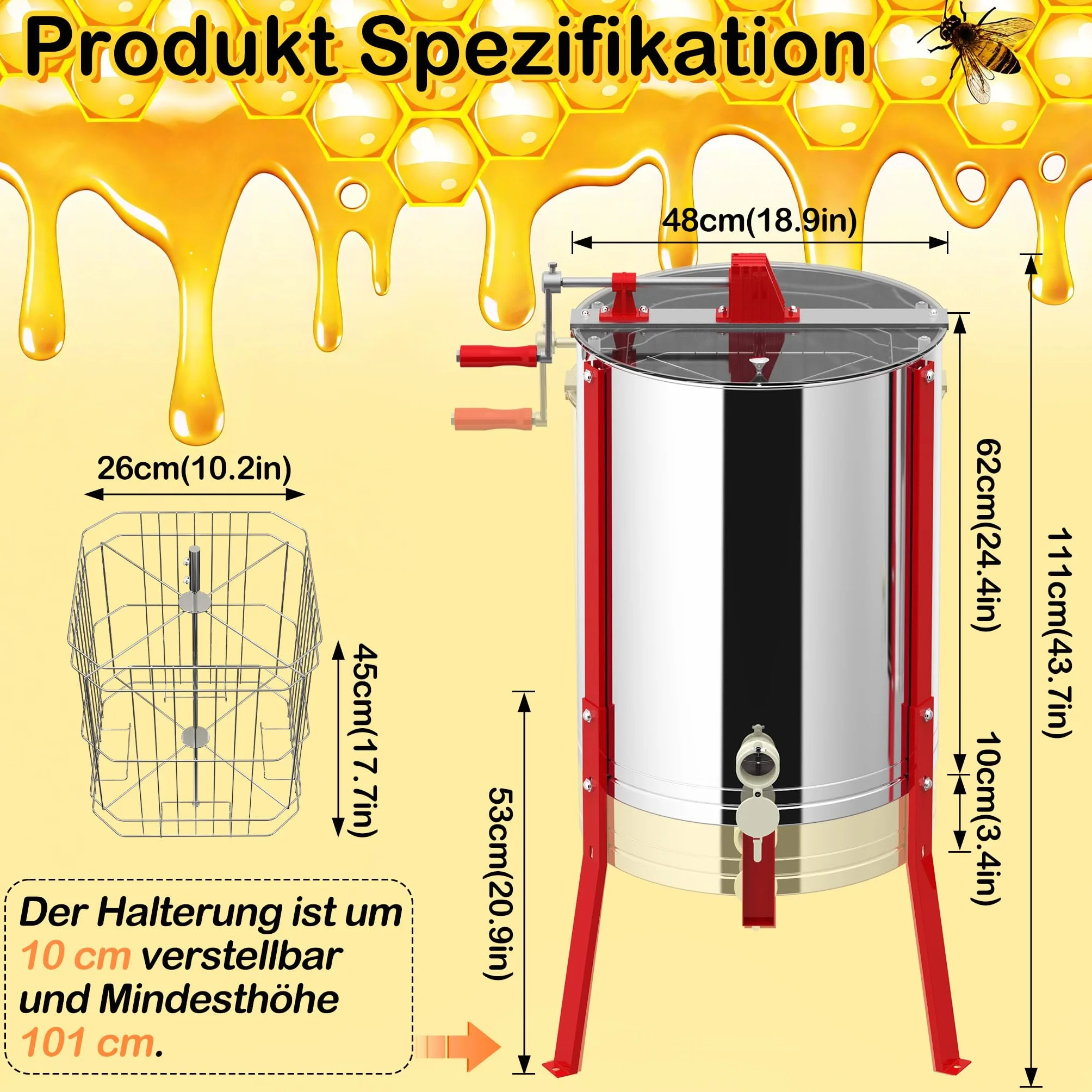 YRHome Premium Honigschleuder Diagonalschleuder Manuell Tangentialschleuder Edelstahl für 4 Rähmchen Honigextractor mit Deckel 10 cm Höhenverstellung mkerei Bienenzüchter Zubehör