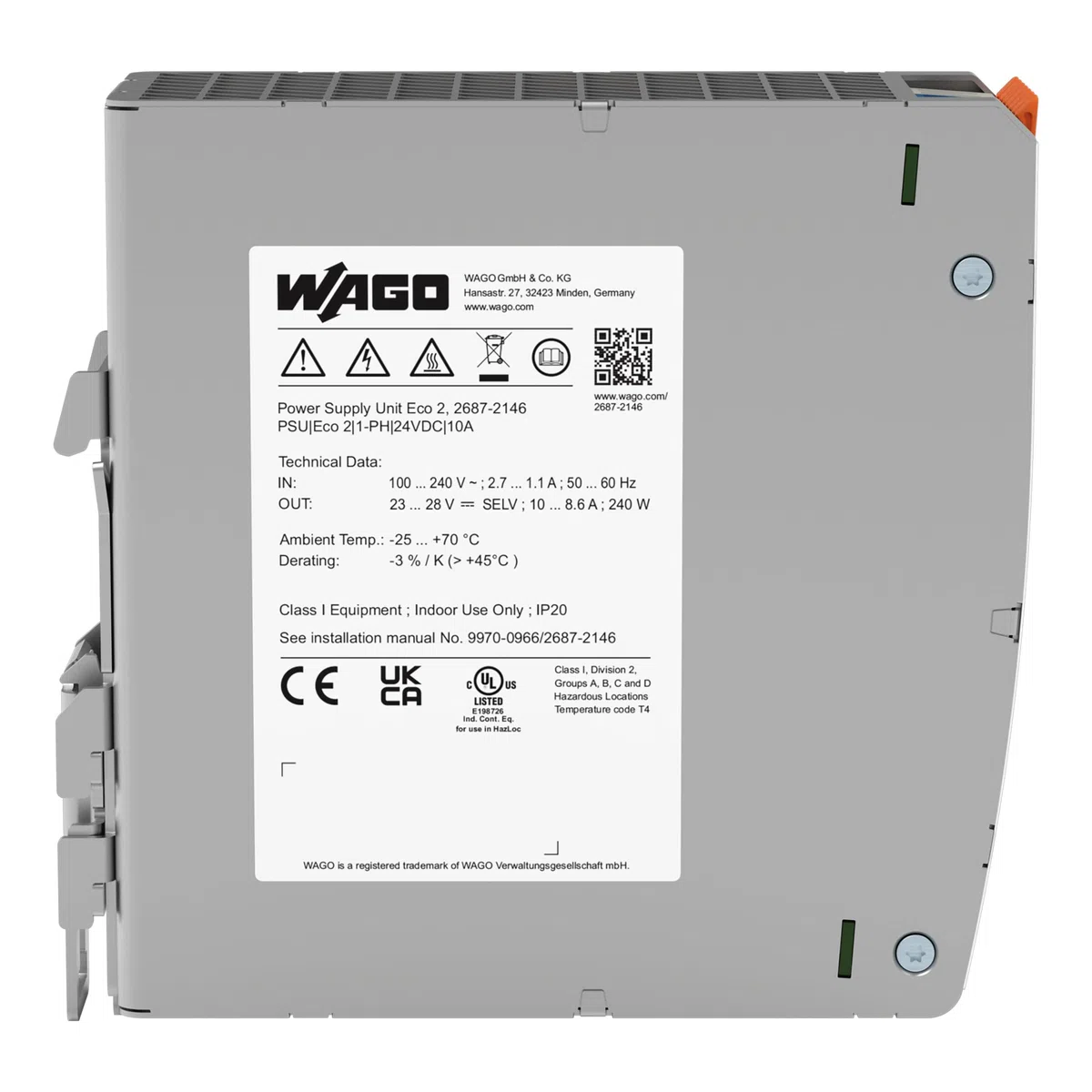 WAGO Compact Stromversorgung ECO 2687-2146 | 1-phasig, Power supply, Hutschienen-Netzteil (DIN-Rail), DC 24 V, 10 A, DC-OK-Kontakt
