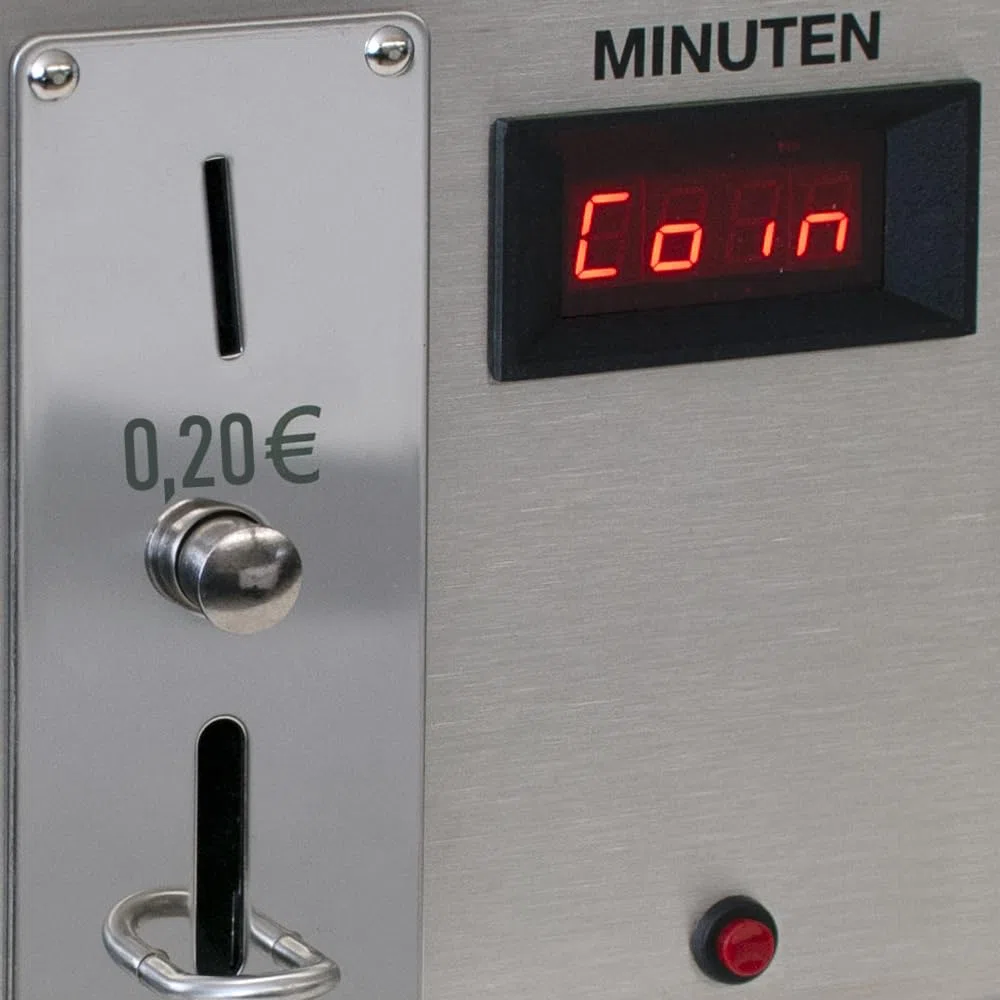 WITTKOWARE 5000E Münzzeitschalter mit V2A-Edelstahlgehäuse und Minutenanzeige, mit Türentriegelungstaste, geeignet für 20 Cent Münzen