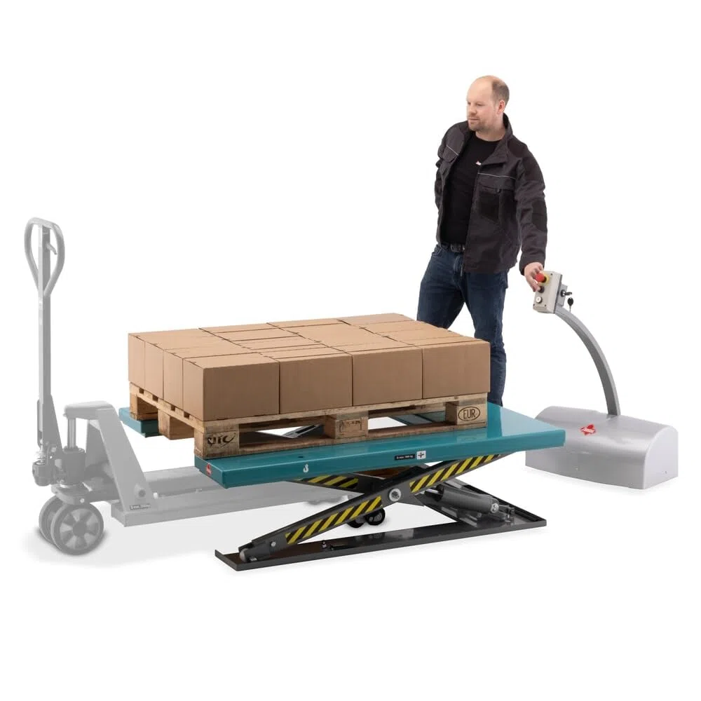 Ameise Elektro-Flach-Scheren-Hubtisch SLT mit Einfach-Schere | 1.000 kg Tragkraft | 80-840 mm Hubbereich | ergonomische und individuelle Greifhöhe | 1.450 x 1.140 mm U-förmige Plattform | Stahl