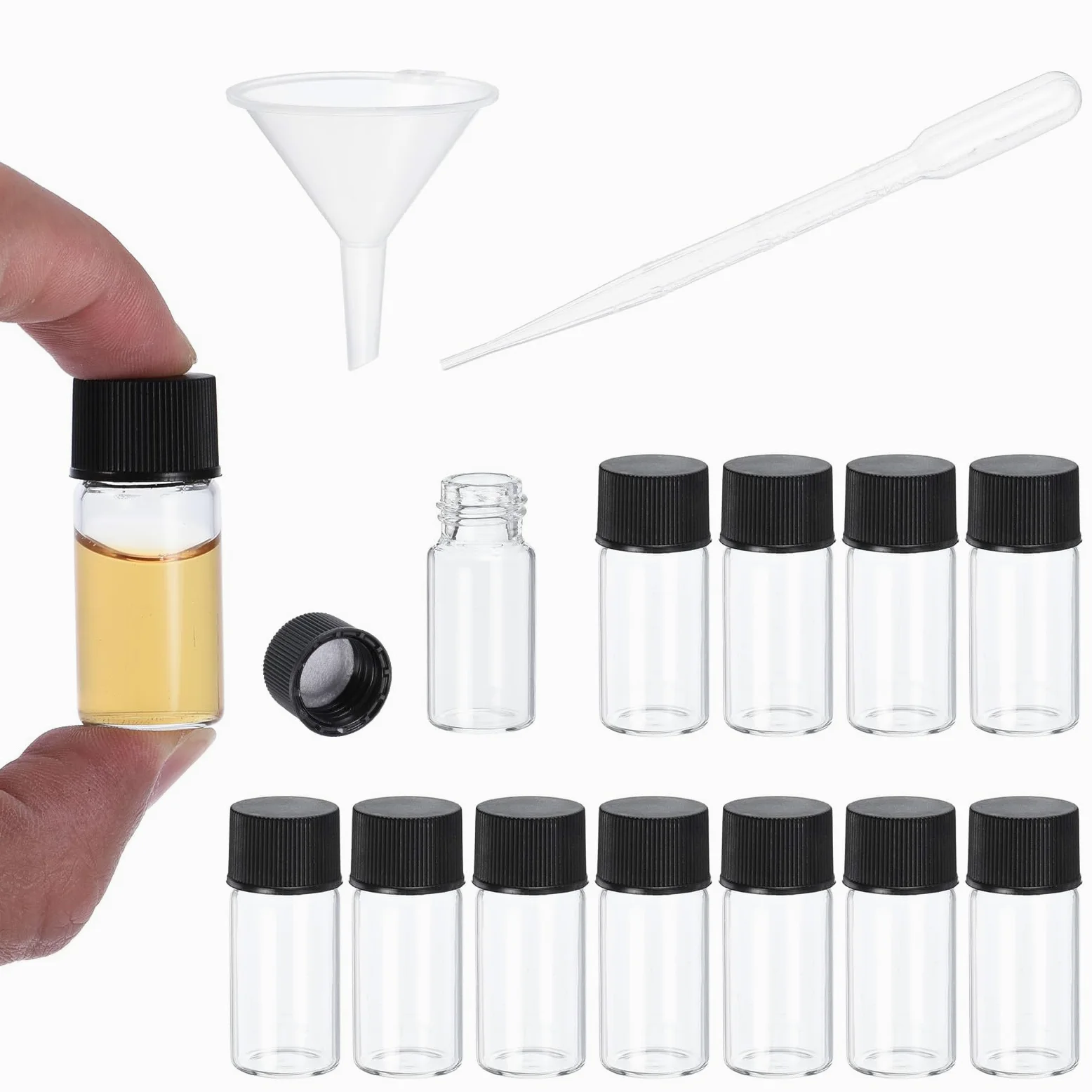 PATIKIL 5 ml klare leere Glasfläschchen, 500 Stückung Probefläschchen mit Schraubverschluss Reagenzglas mit 10 Tropfpipetten und 5 Trichtern Auslaufsicheres Fläschchen für das Labor