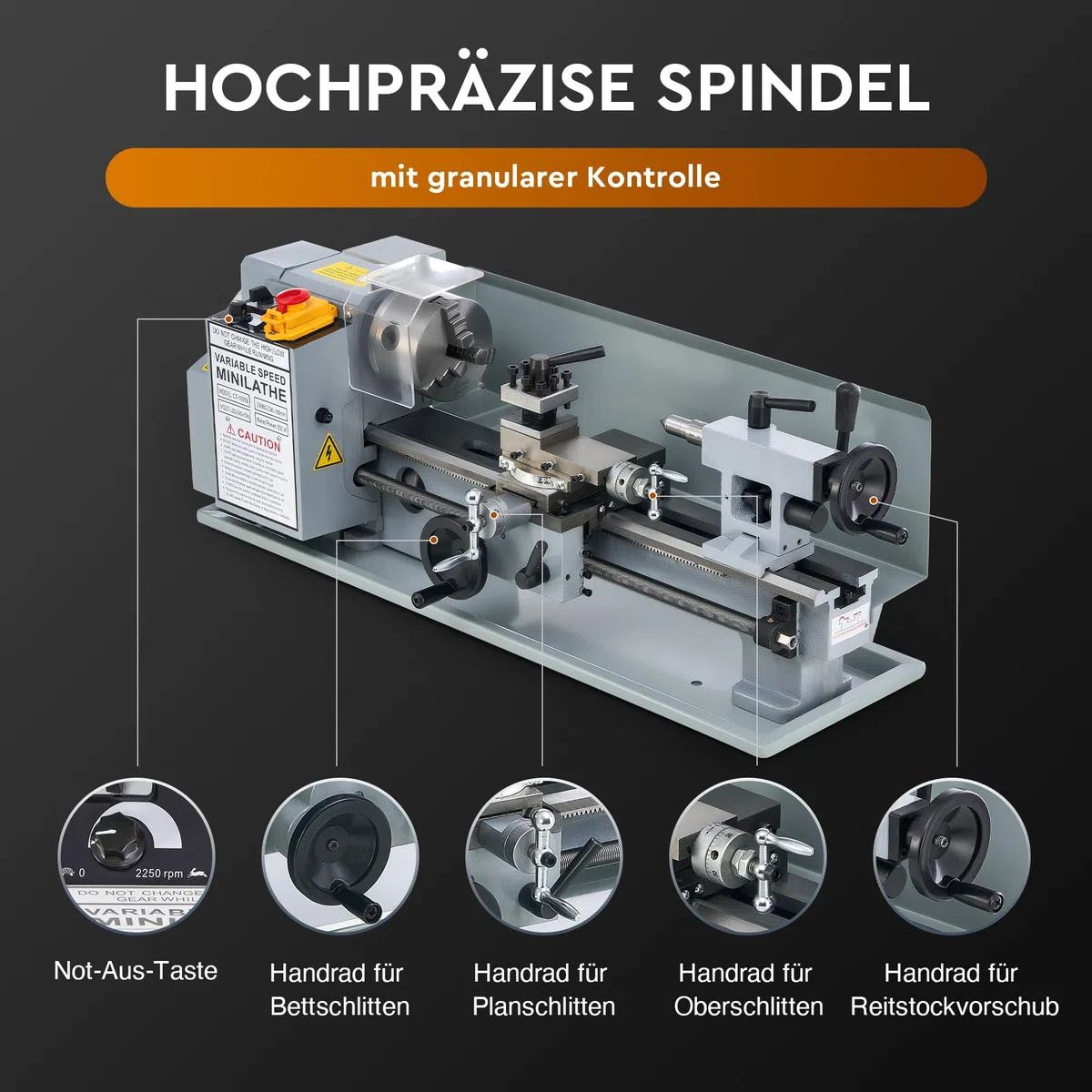 CREWORKS Metalldrehmaschine 18x35cm Tisch-Metalldrehmaschine 3-Backenfutter, 2250 U/min 550 W Metallbearbeitungsmaschine mit stufenloser Einstellung, Metalldrehmaschine zum Gewindedrehen