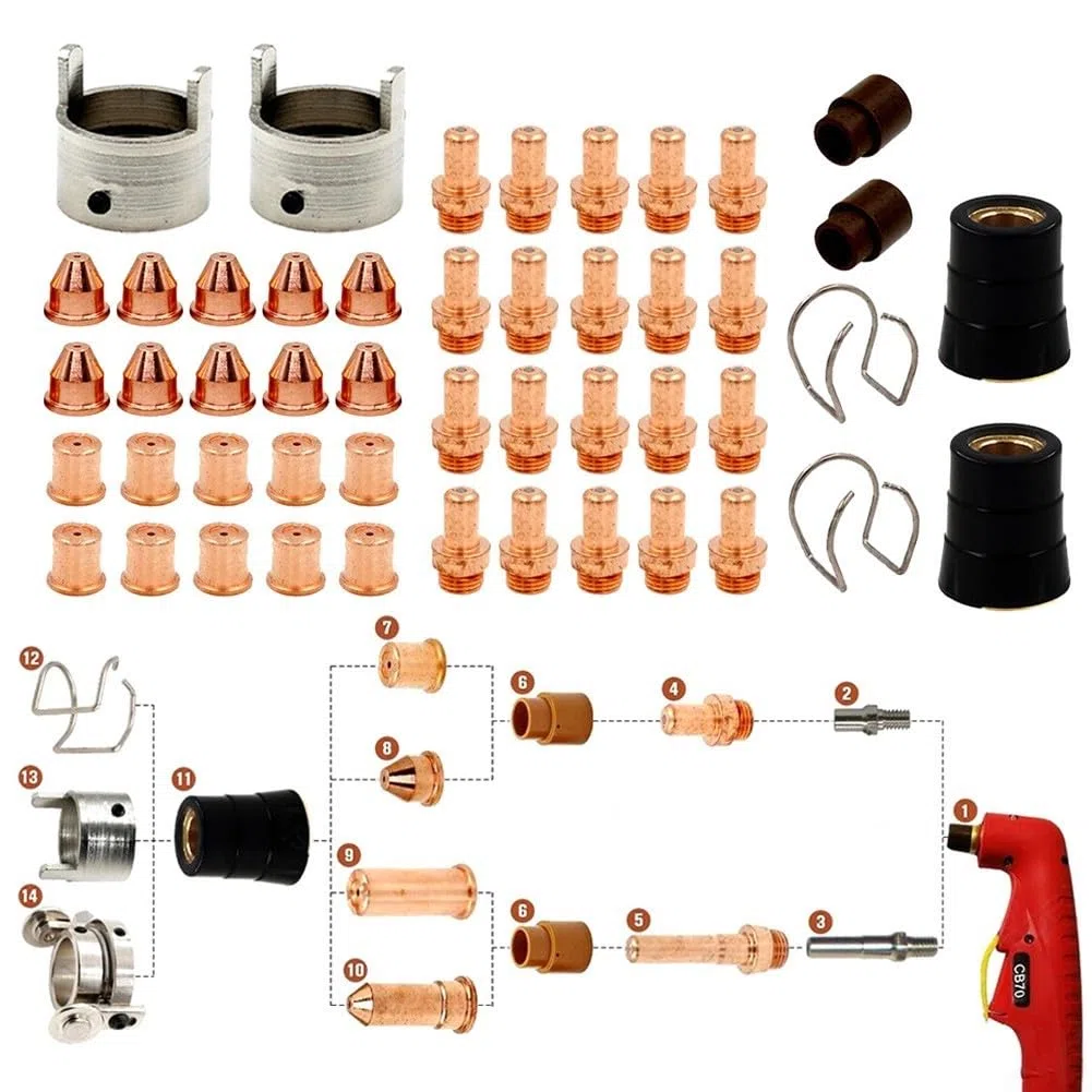 48-teiliges Plasmabrenner Verbrauchsmaterial-Set mit kurzen Elektrodenspitzen, Düsen, Wirbelringen, Taschenlampenabdeckungen und Federführungen, kompatibel mit Eastwood für Versa 60A CB70 Schweißen